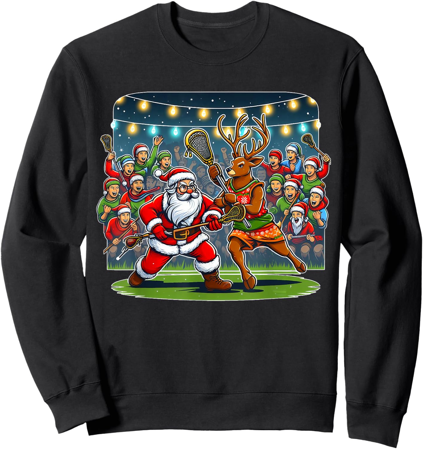 Lacrosse Player Christmas Santa Reindeer Playing Lax Graphic Sweatshirt - Sweatshirt | Black