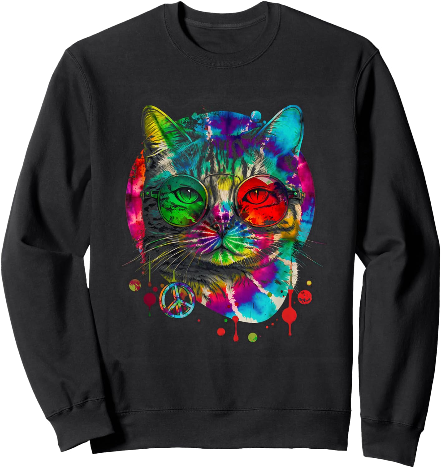 Hippie Cat Tie Dye Peace Sign 60s Psychedelic-Pet Cat Lovers Sweatshirt - Sweatshirt | Black