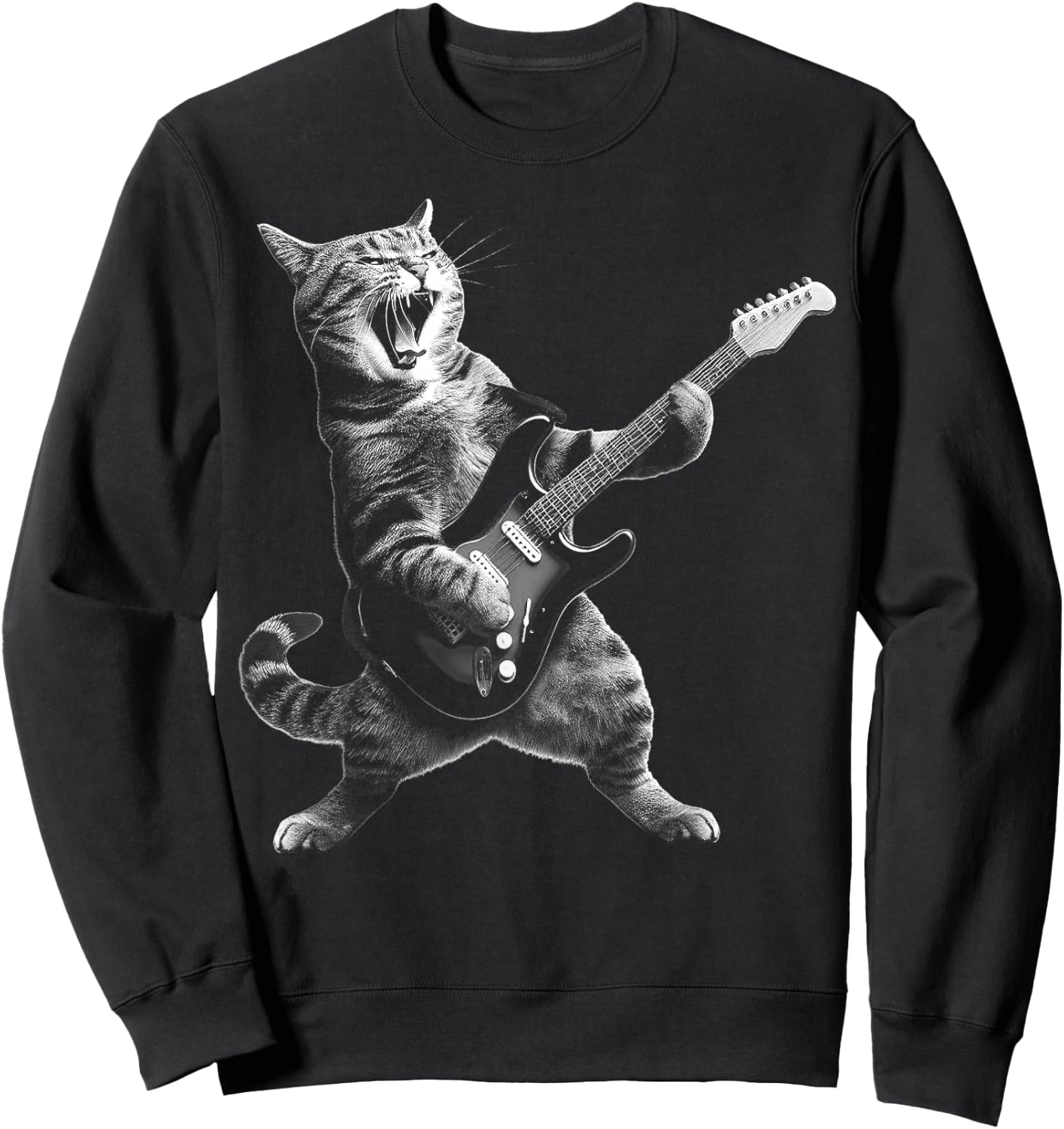 Cat Playing Guitar Rock and Roll Rock Star Women Kid Sweatshirt - Sweatshirt | Black