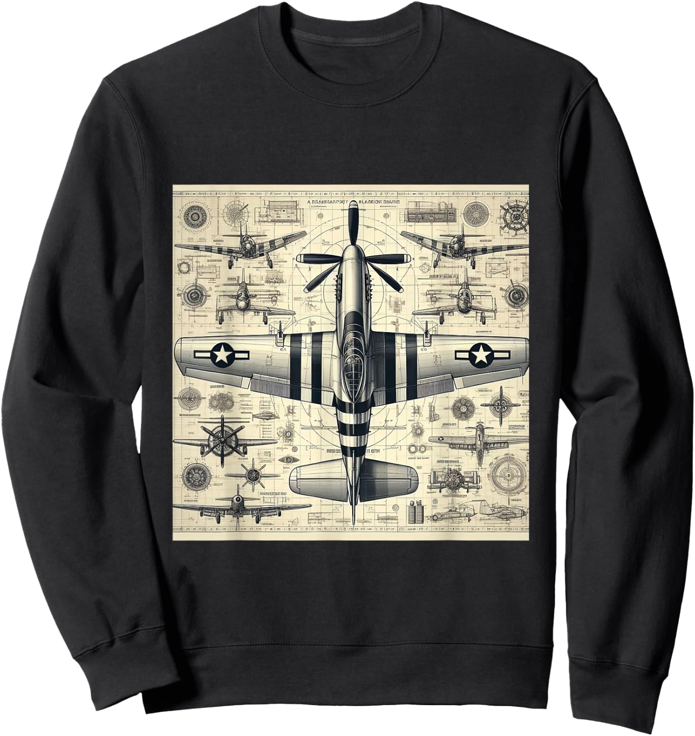 WW2 Warplane Vintage P51 Mustang Assembly Parts Blueprint Sweatshirt - Sweatshirt | Black