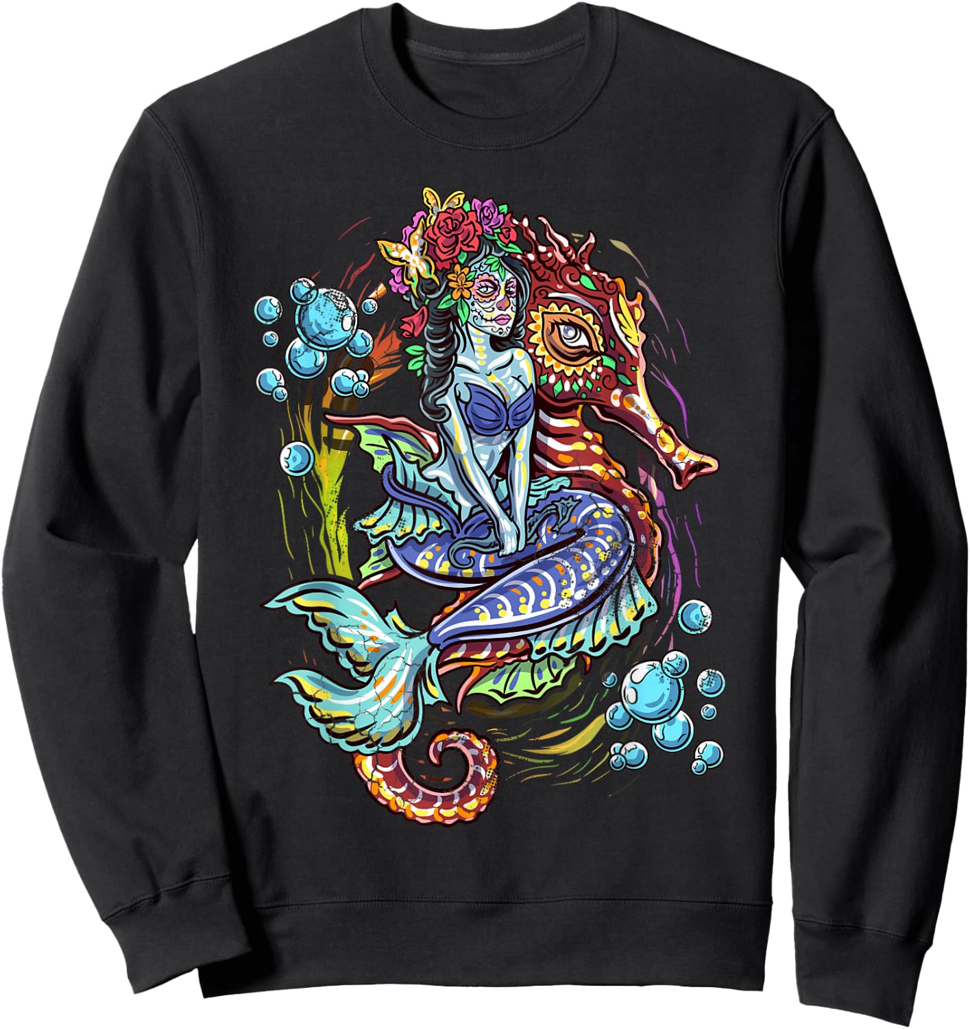 Day Of The Dead Seahorse Mermaid Art Design Sweatshirt - Sweatshirt | Black
