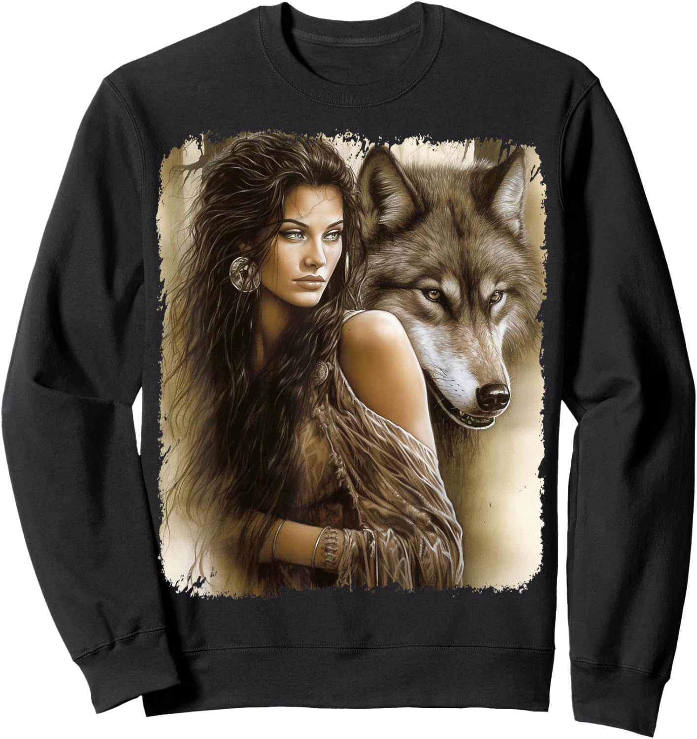 Woman and Grey Wolf Fantasy Sweatshirt - Sweatshirt | Black