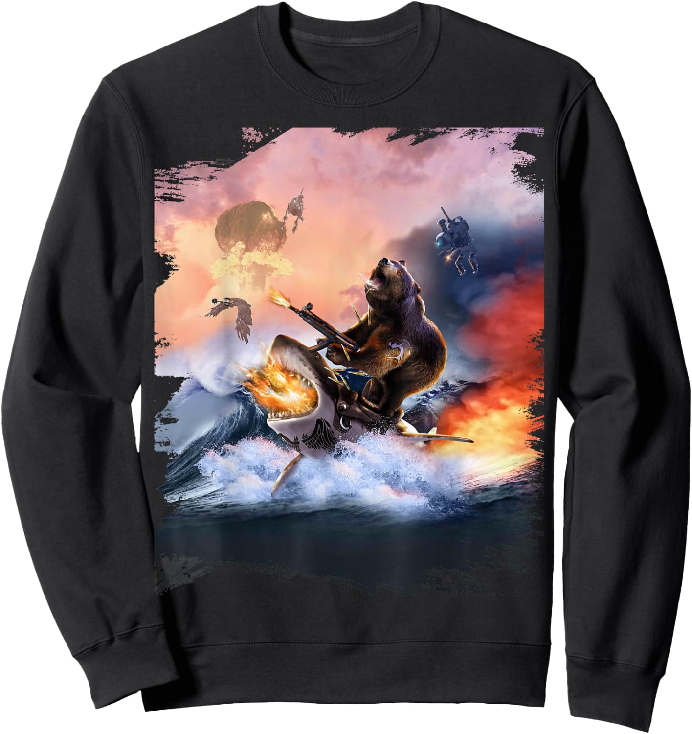 Bear Riding Shark Funny Sweatshirt - Sweatshirt | Black