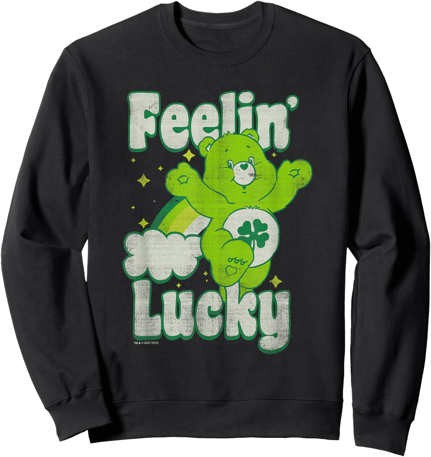 Care Bears Good Luck Bear Jumping Feelin Lucky Distressed Sweatshirt - Sweatshirt | Black