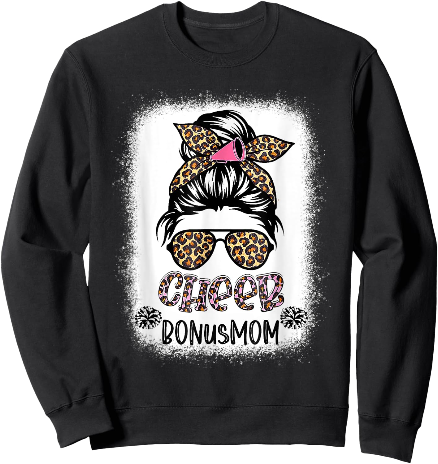 Cheer Bonus Mom Leopard Messy Bun Cheerleader Bleached Sweatshirt - Sweatshirt | Black