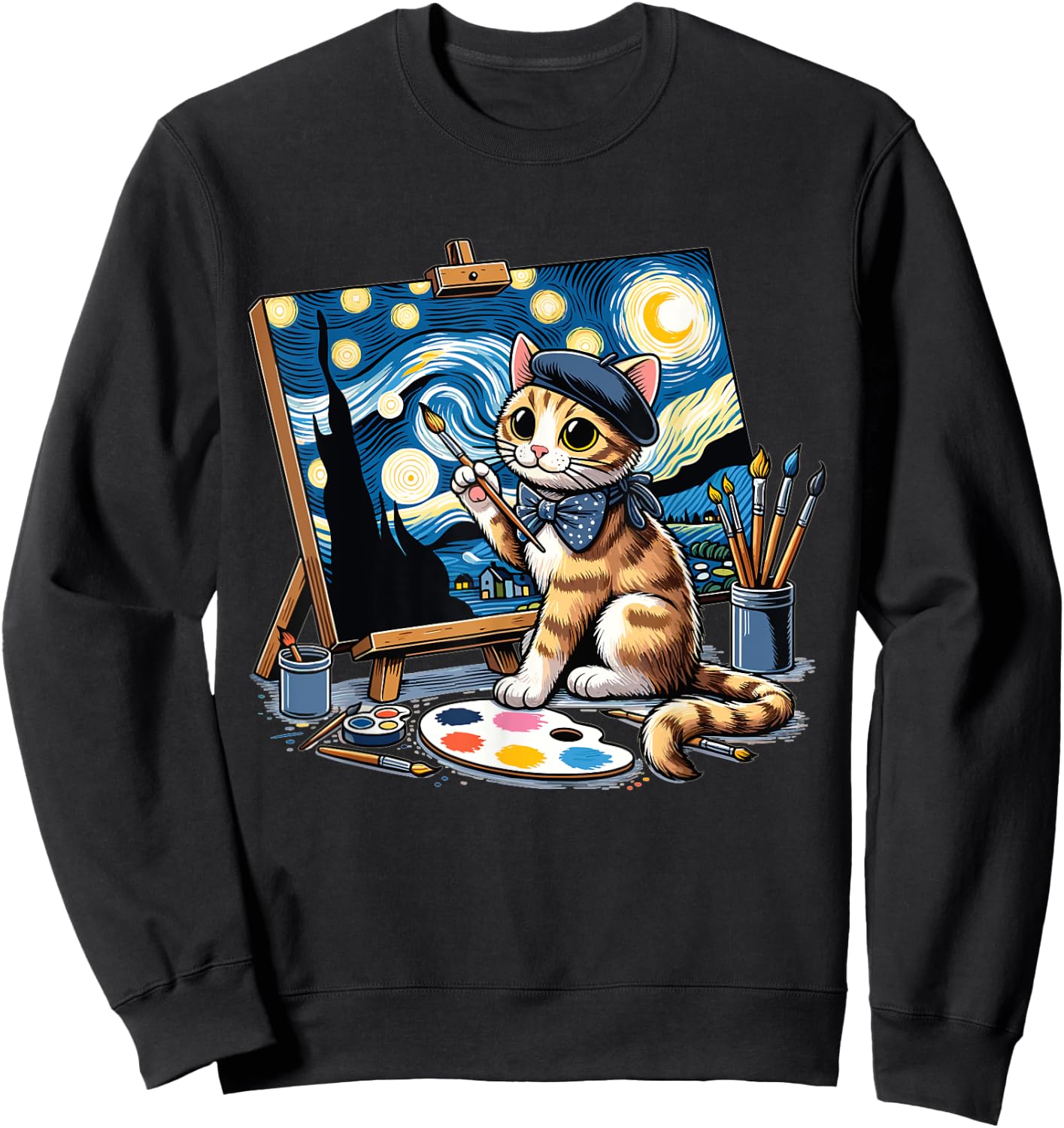 Funny Cute Cat Drawing Starry Night Painting Art For Artist Sweatshirt - Sweatshirt | Black