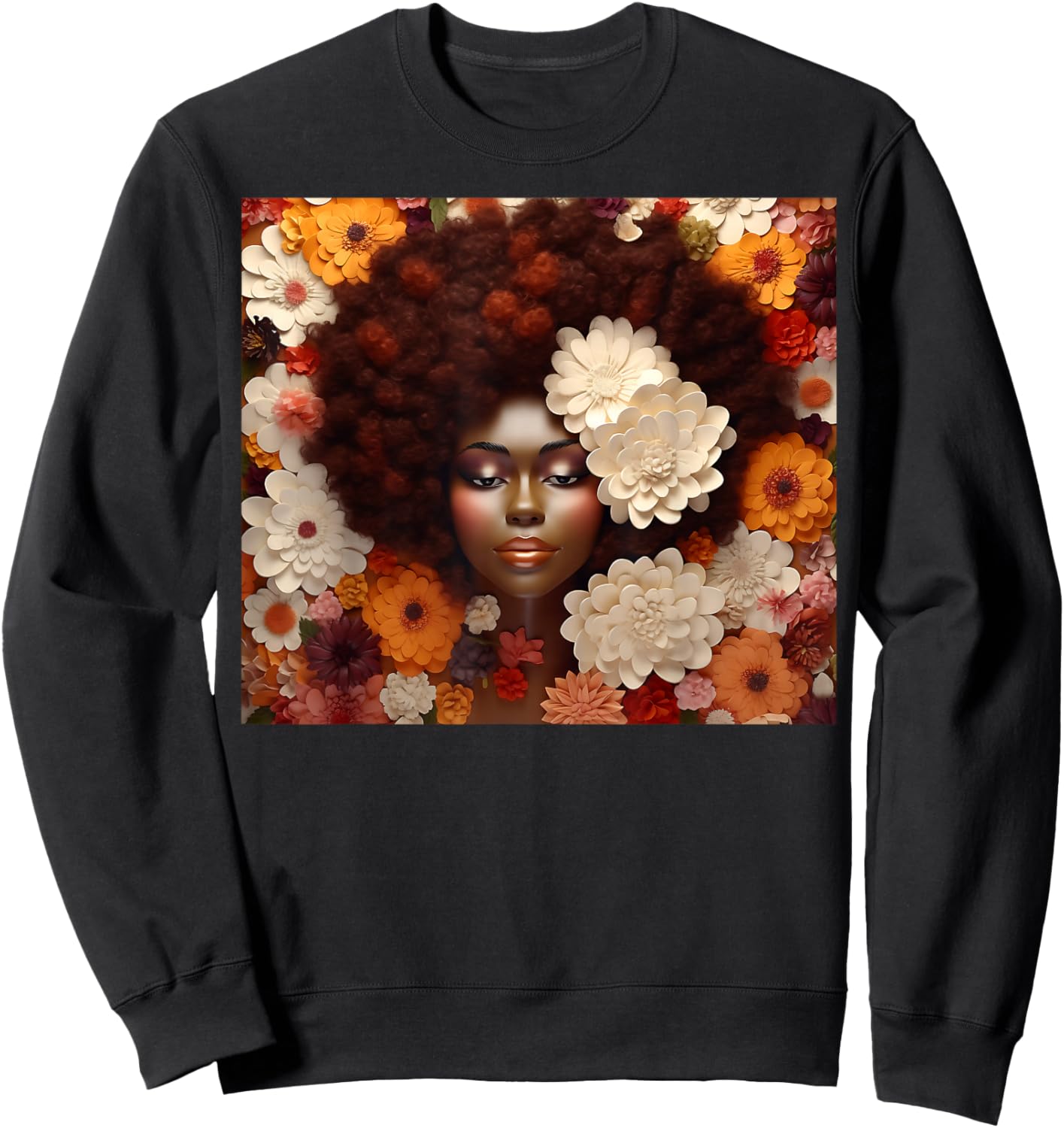 Afro Woman Floral Black Queen Puff Art Melanin Orange White Sweatshirt - Sweatshirt | Black