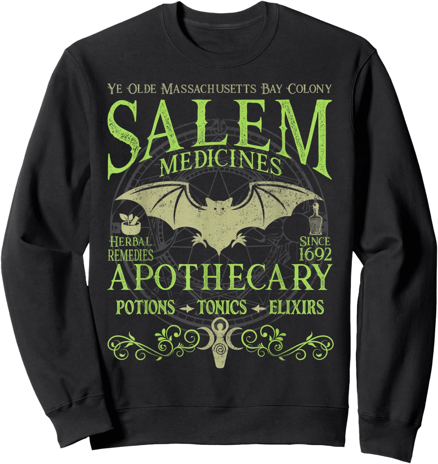Salem Apothecary Herbalist Witch Wiccan Green Bat Sweatshirt - Sweatshirt | Black