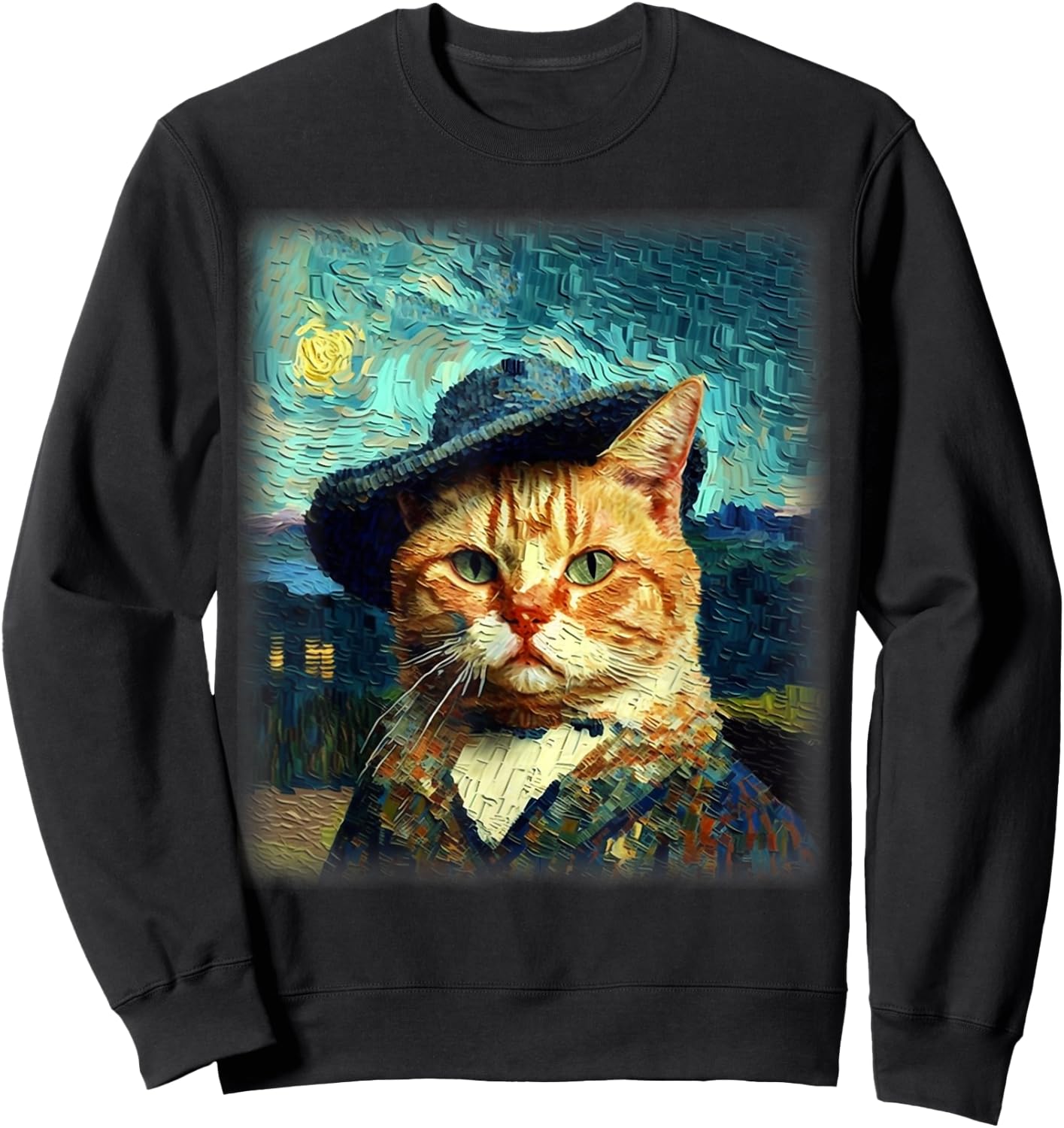 Starry Night Cat, Van Gogh Cat, Cat Mom, Cat Dad, Cat Lover Sweatshirt - Sweatshirt | Black