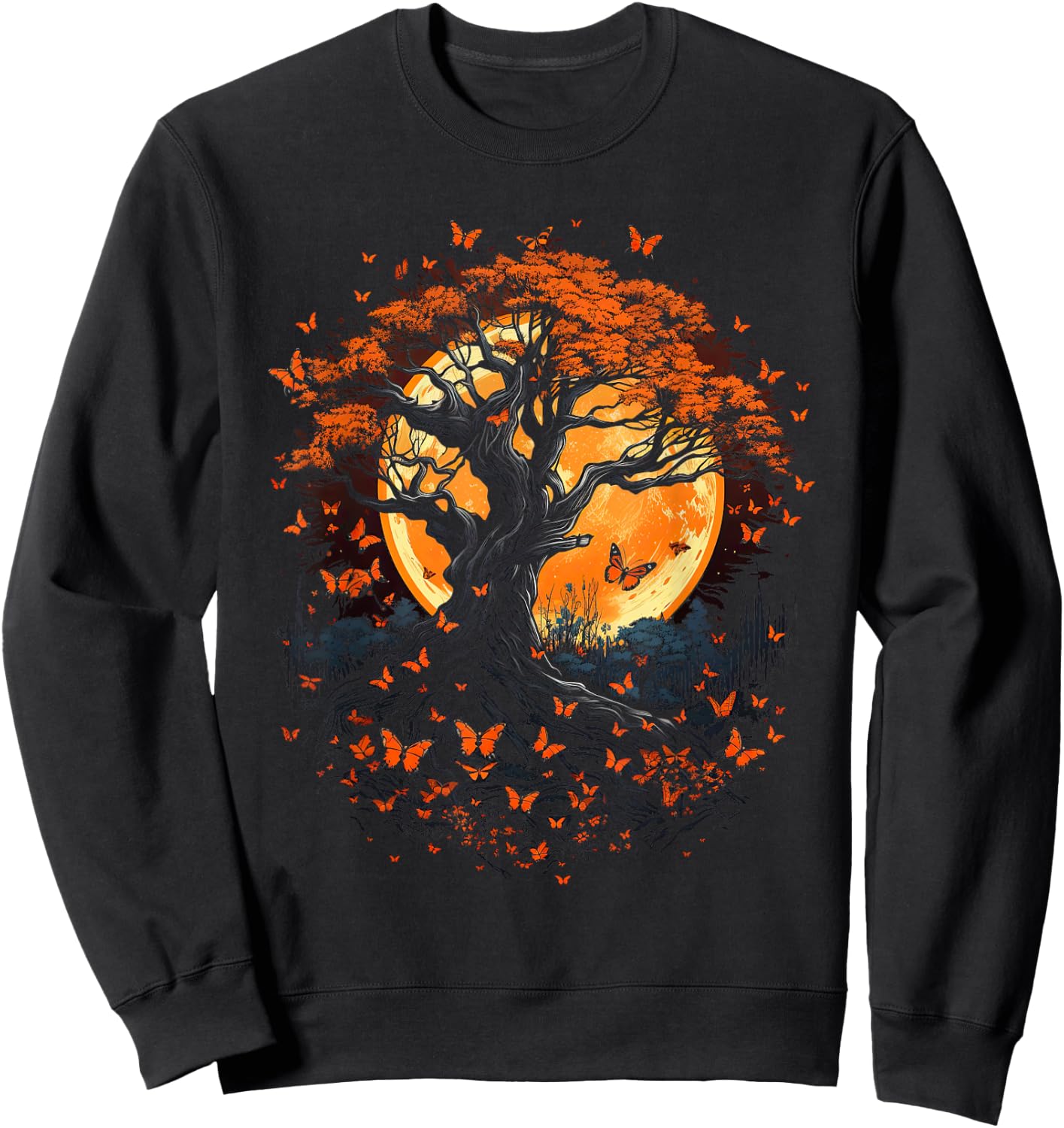 Fall Autumn falling leaves with Tree and Butterfly Sweatshirt - Sweatshirt | Black