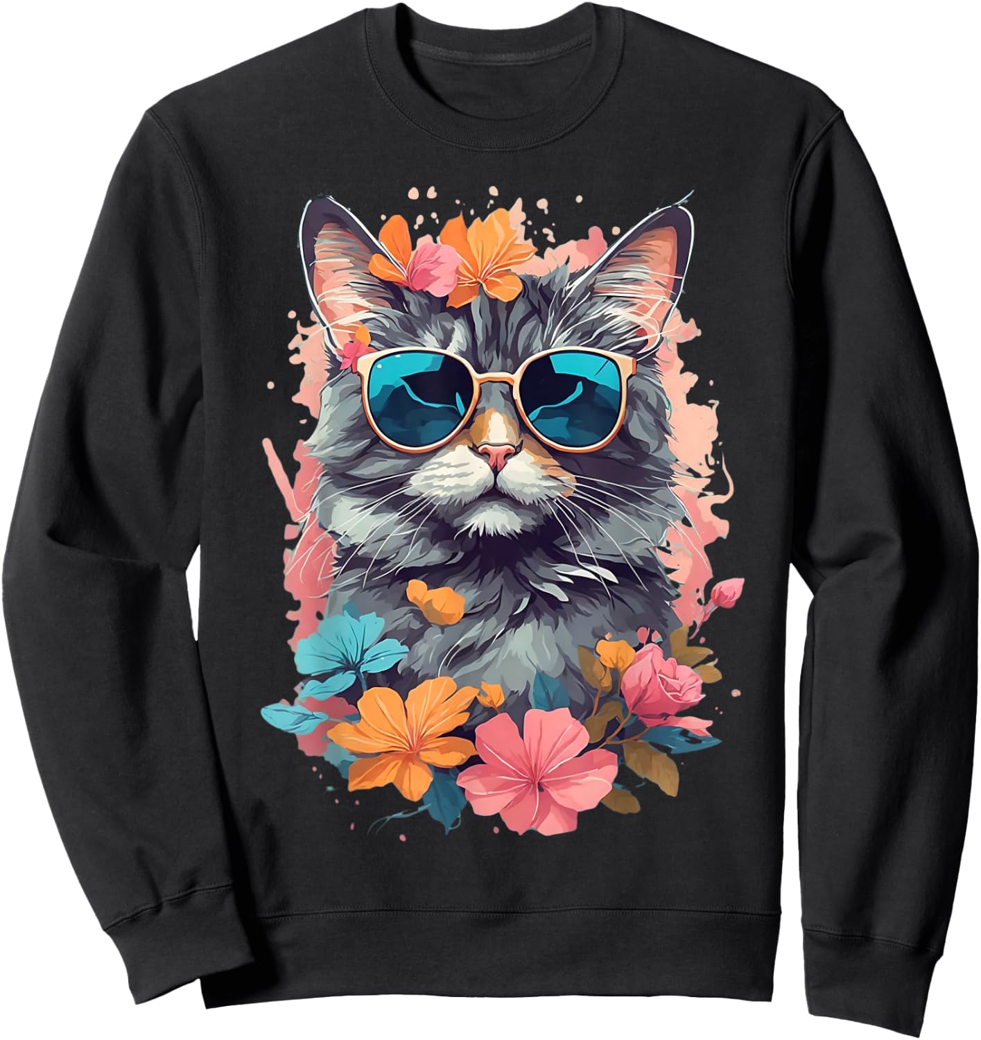 Sunglasses Tabby Cat Shirt for Girls Floral Flowers Graphic Sweatshirt - Sweatshirt | Black