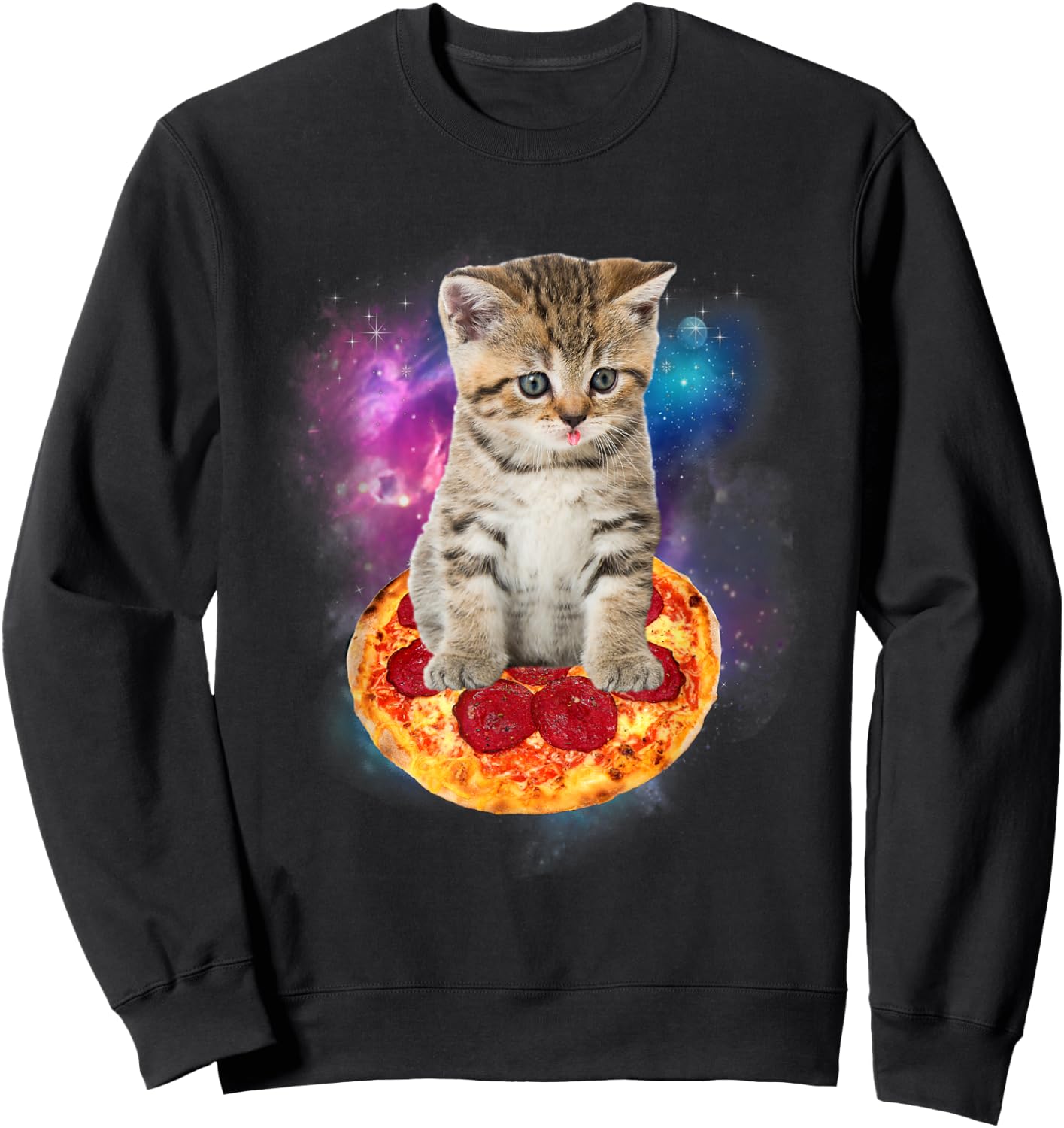 Funny Galaxy Cat in Space - Cat riding Pizza and Taco Lover Women Kids Sweatshirt - Sweatshirt | Black