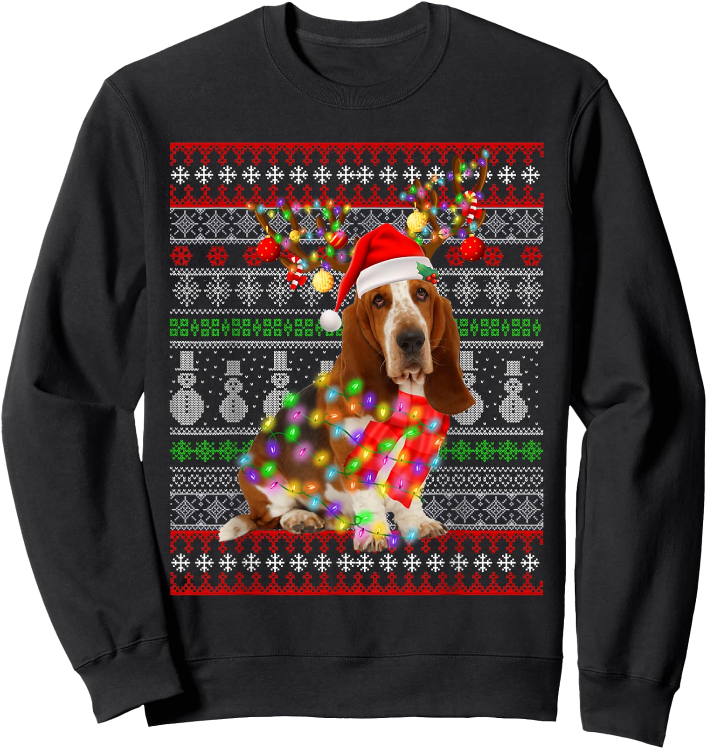 Santa Basset Hound Dog Christmas Lights Ugly Xmas Sweater Men Women Kids Sweatshirt - Sweatshirt | Black