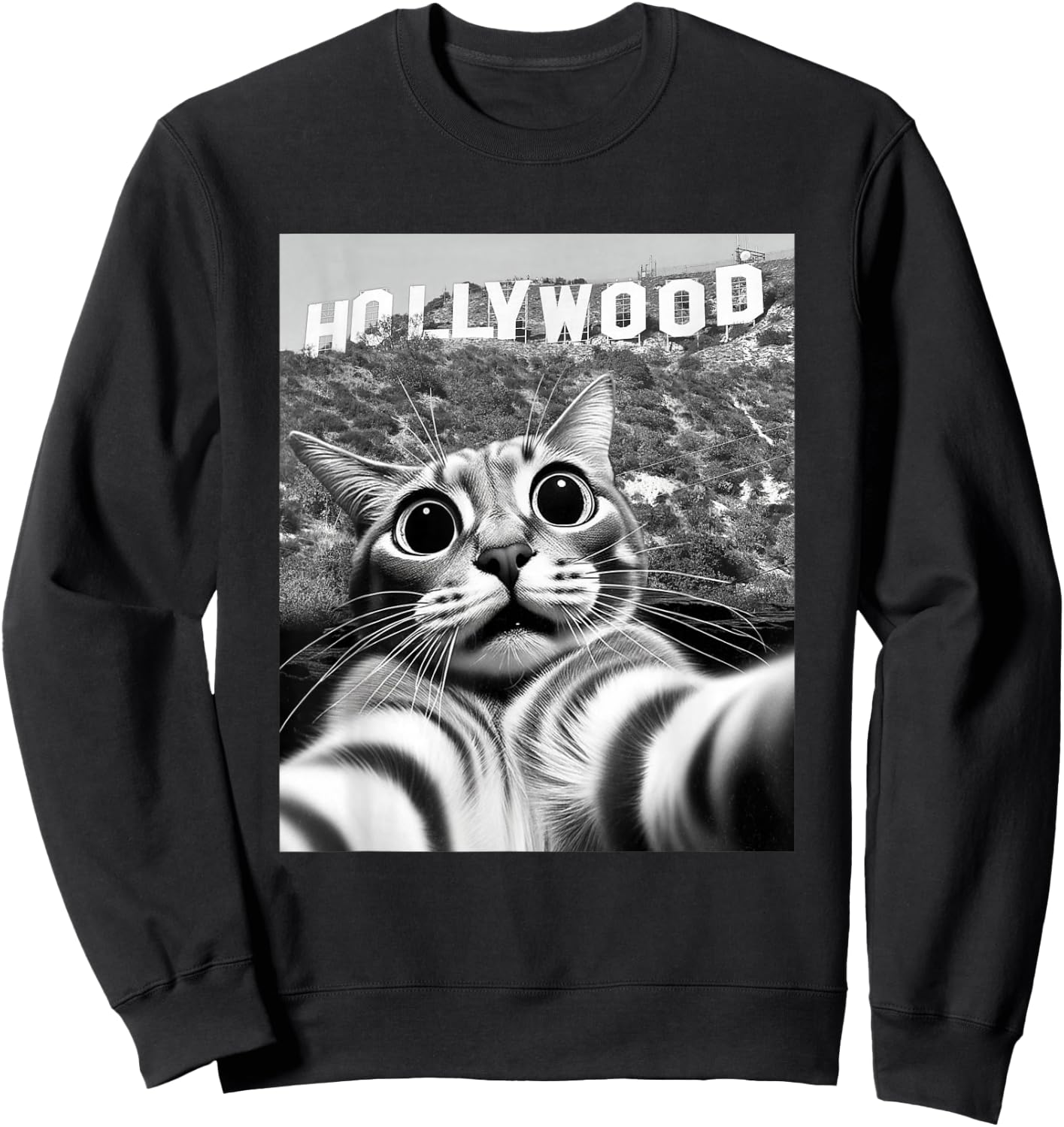 California Cat Taking Selfie at Hollywood Sign Cat Selfie Sweatshirt - Sweatshirt | Black