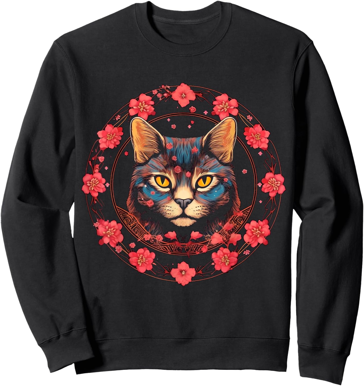 Cat Flower Artwork | Animal Cherry Blossoms Motif Cat Sweatshirt - Sweatshirt | Black