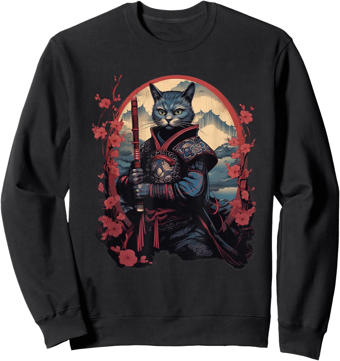 Vintage Japanese Samurai Ninja Cat Tattoo Kawaii Women Girls Kids Sweatshirt - Sweatshirt | Black
