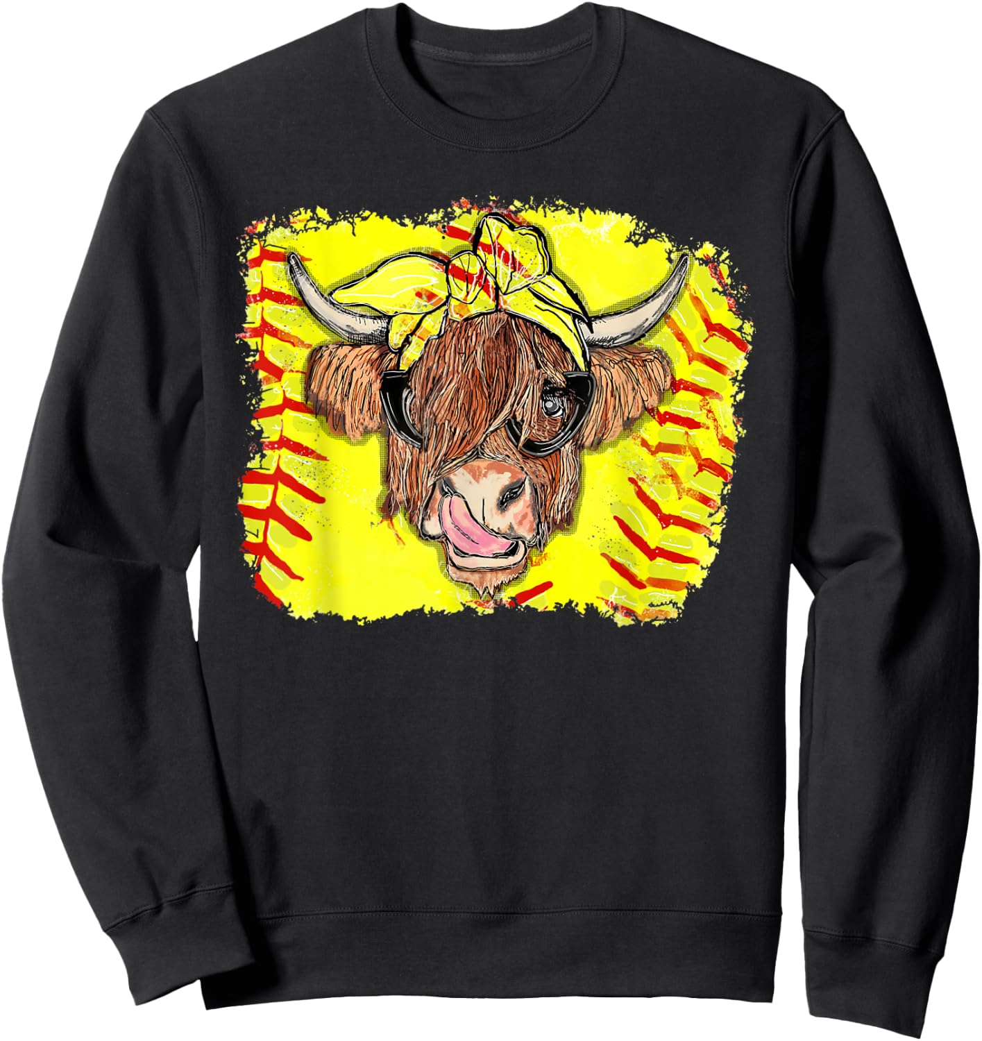 Softball Highland Cow With Bandana Glasses Happy Mother's Sweatshirt - Sweatshirt | Black