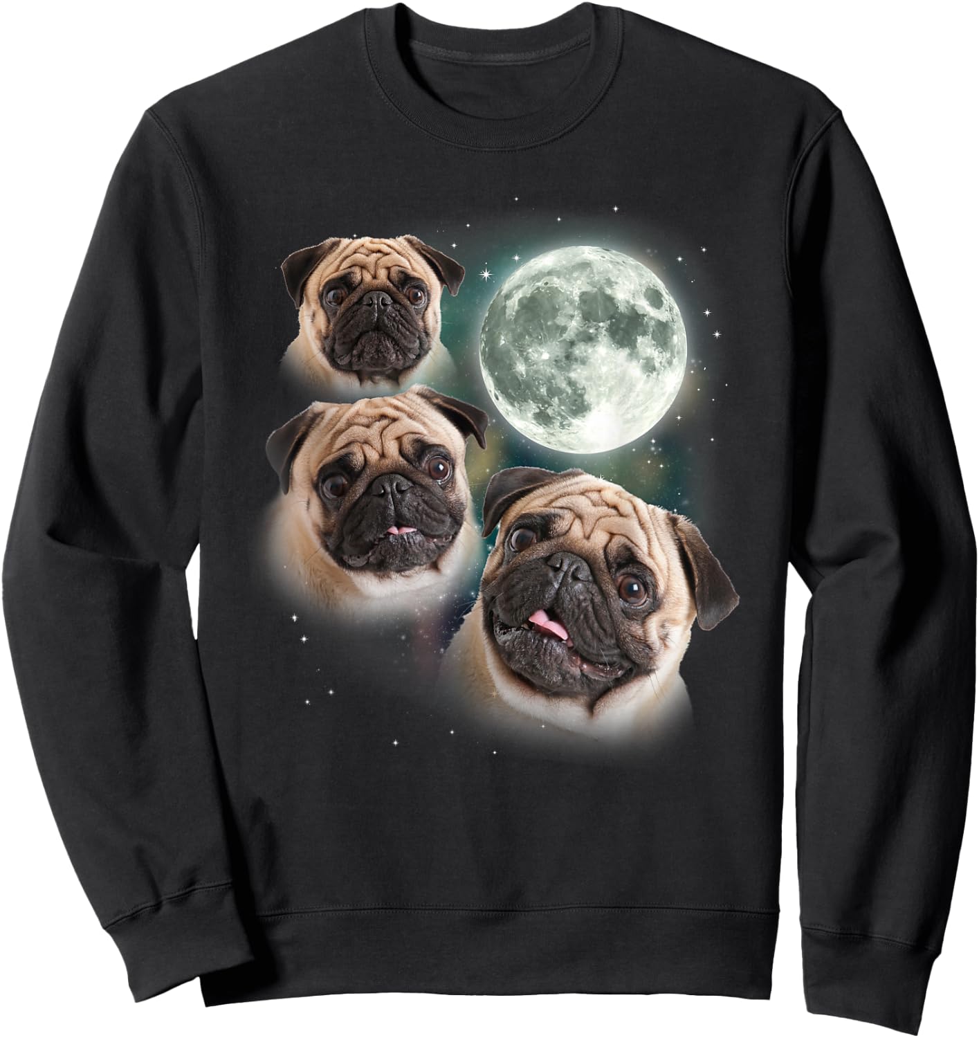 Funny Pug Shirt | 3 Pug Moon Dog Lovers Three Space Canines Sweatshirt - Sweatshirt | Black