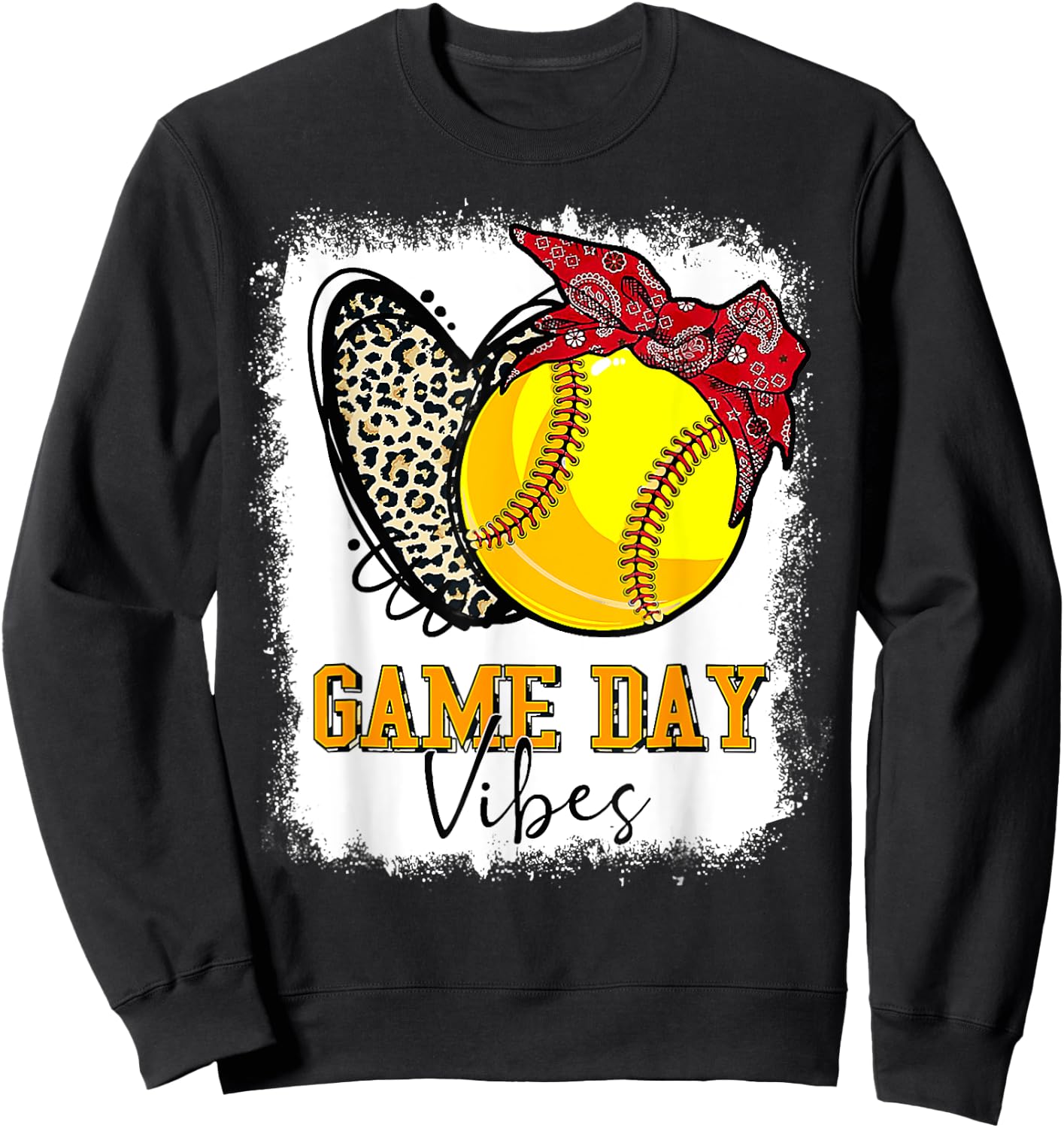 Softball Game Day Vibes Leopard Heart Headband Mom Bleached Sweatshirt - Sweatshirt | Black