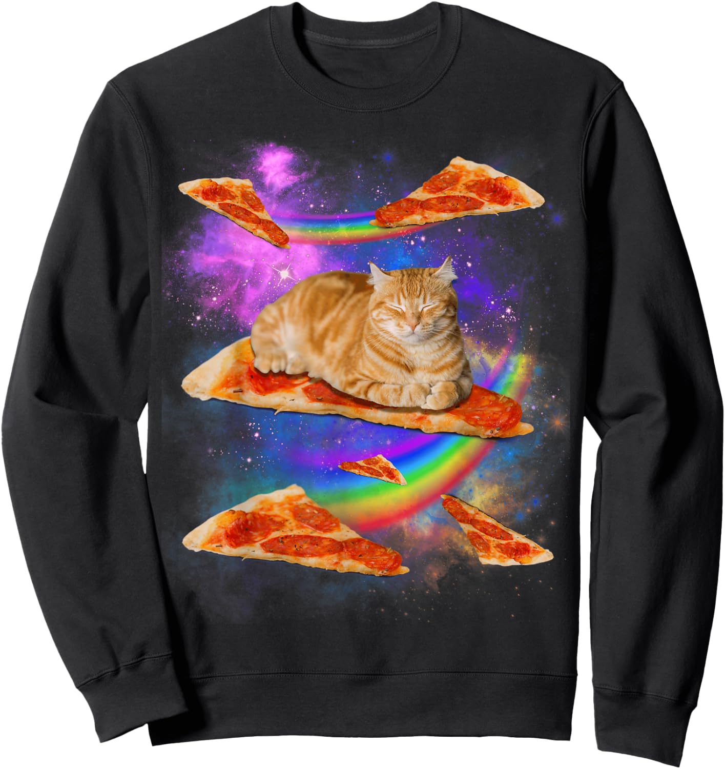 Funny Galaxy Cat in Space, Cat Riding Pizza Sweatshirt - Sweatshirt | Black