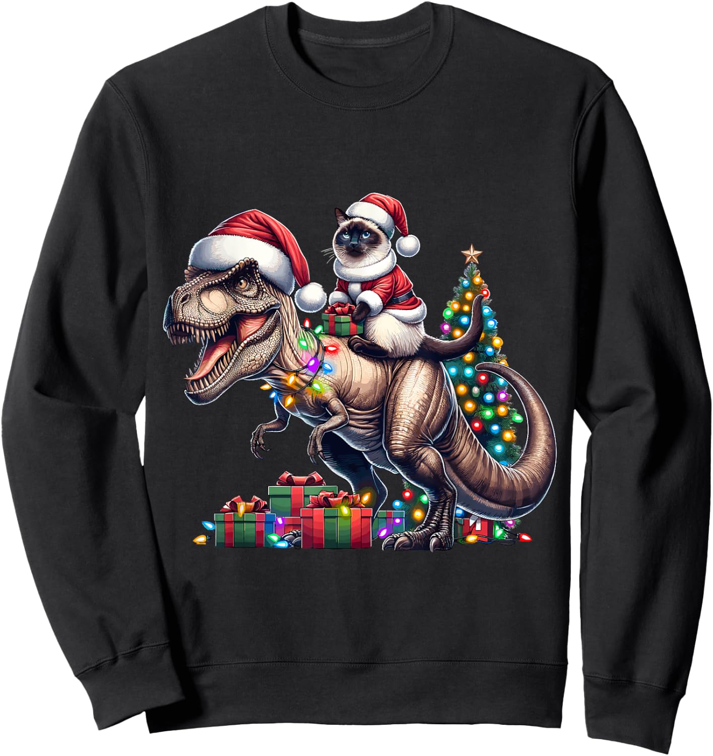 Siamese Cat Rides Festive T-Rex Santa For siamese cat Owners Sweatshirt - Sweatshirt | Black