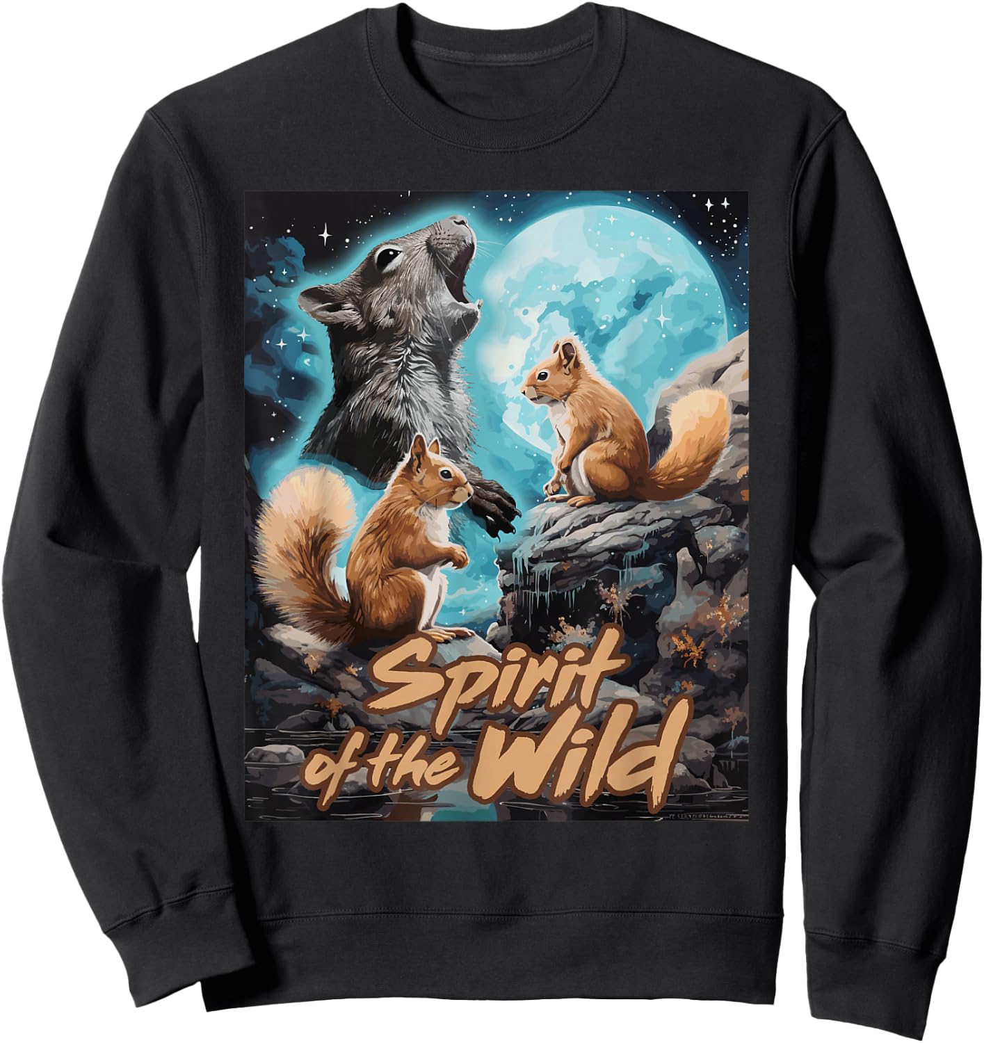 Presto Spirit of the Wild Funny Squirrels Black Women's Cartoon Animal-Print , Small, Short Sleeve, Classic Fit Sweatshirt - Sweatshirt | Black