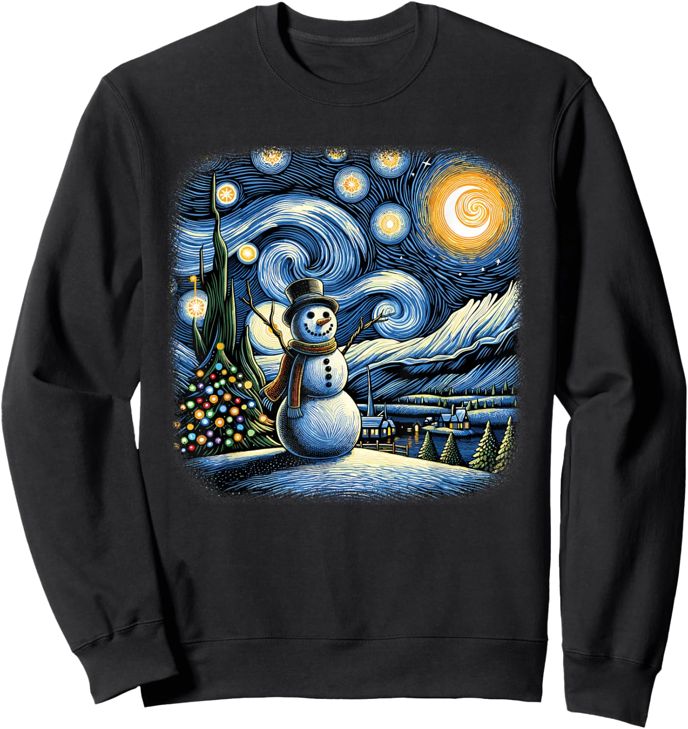 Van Gogh Starry Night Christmas Snowman Winter Snowy Night Sweatshirt - Sweatshirt | Black