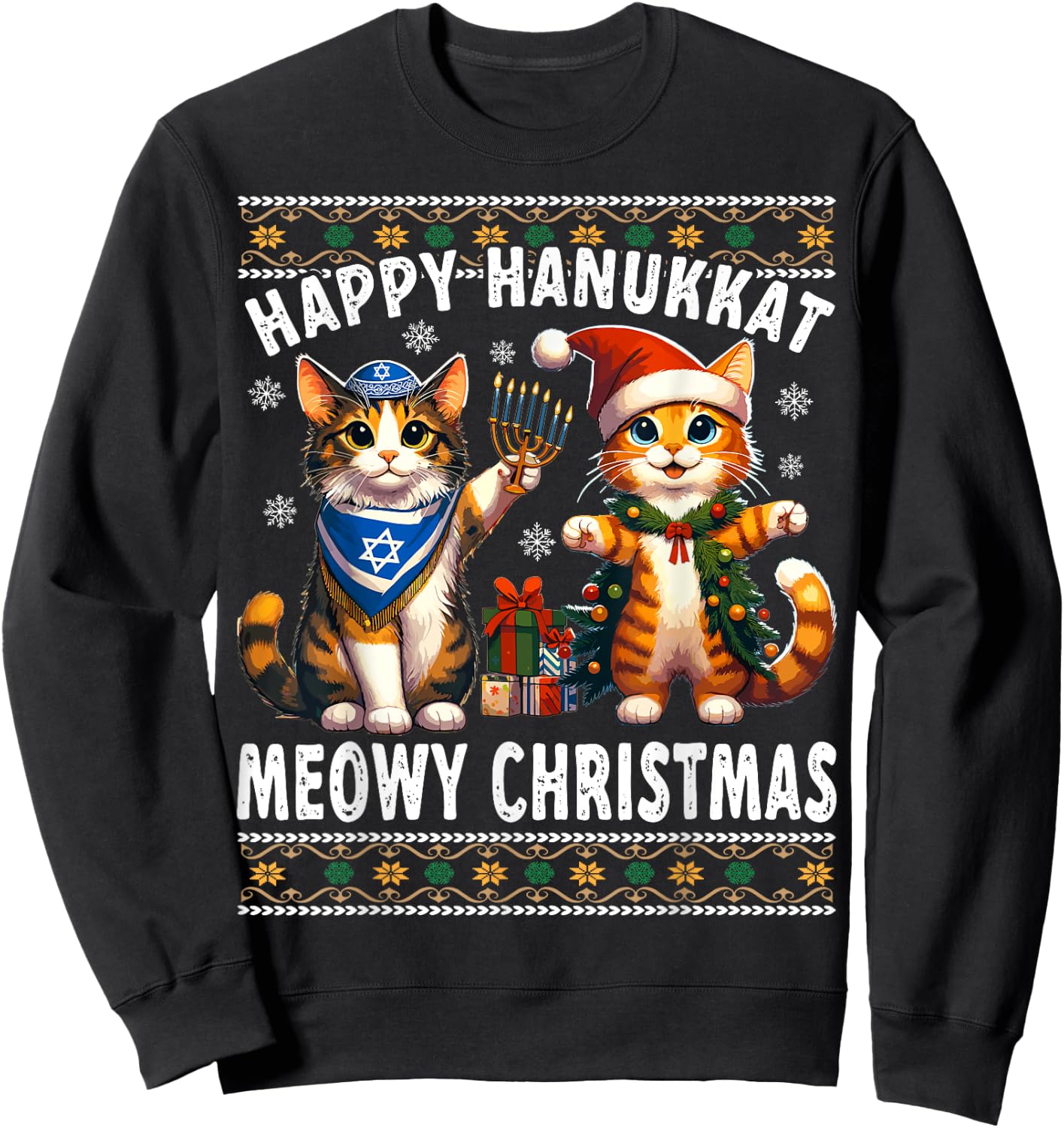 Cat Merry Christmas Happy Hanukkah Jewish Christian Sweatshirt - Sweatshirt | Black