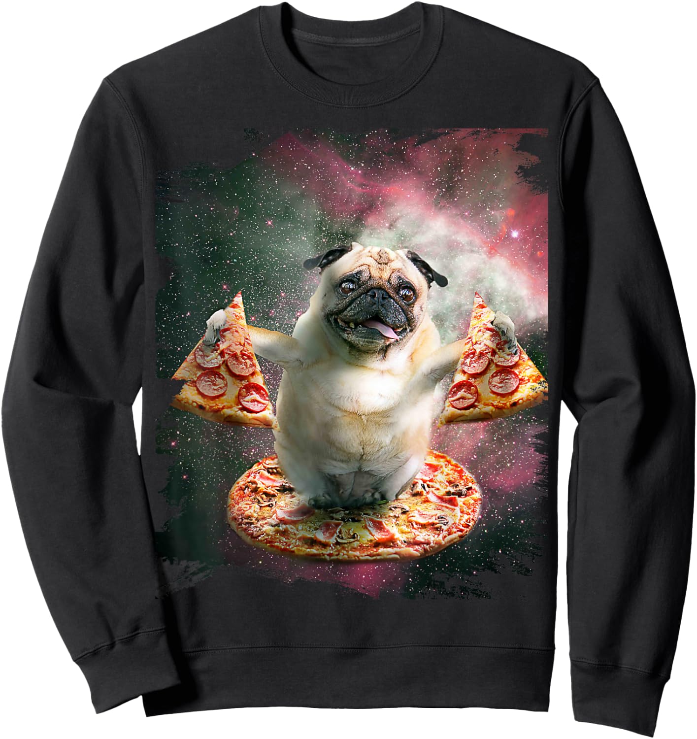 Random Galaxy Funny Pug Dog with Pizza Sweatshirt - Sweatshirt | Black