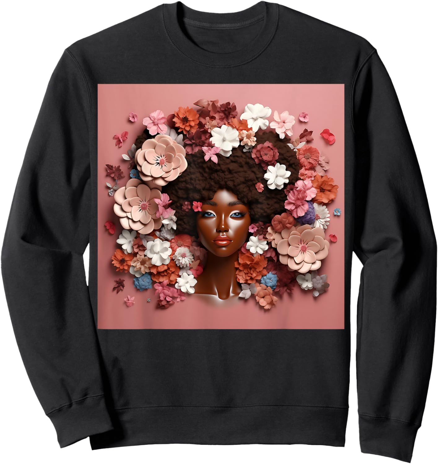 Afro Woman Floral Black Queen Puff Art Melanin Magic Pink Sweatshirt - Sweatshirt | Black