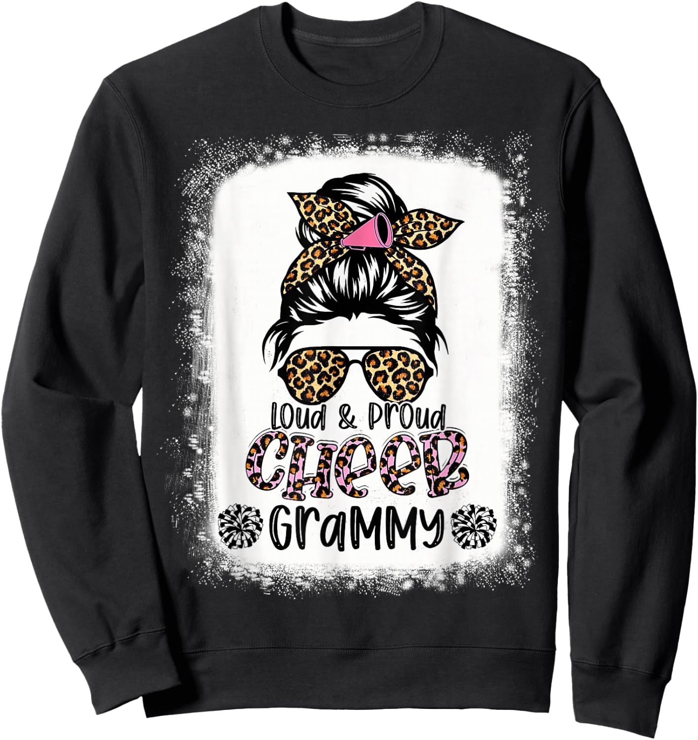 Loud And Proud Cheer Grammy Leopard Messy Bun Bleached Sweatshirt - Sweatshirt | Black