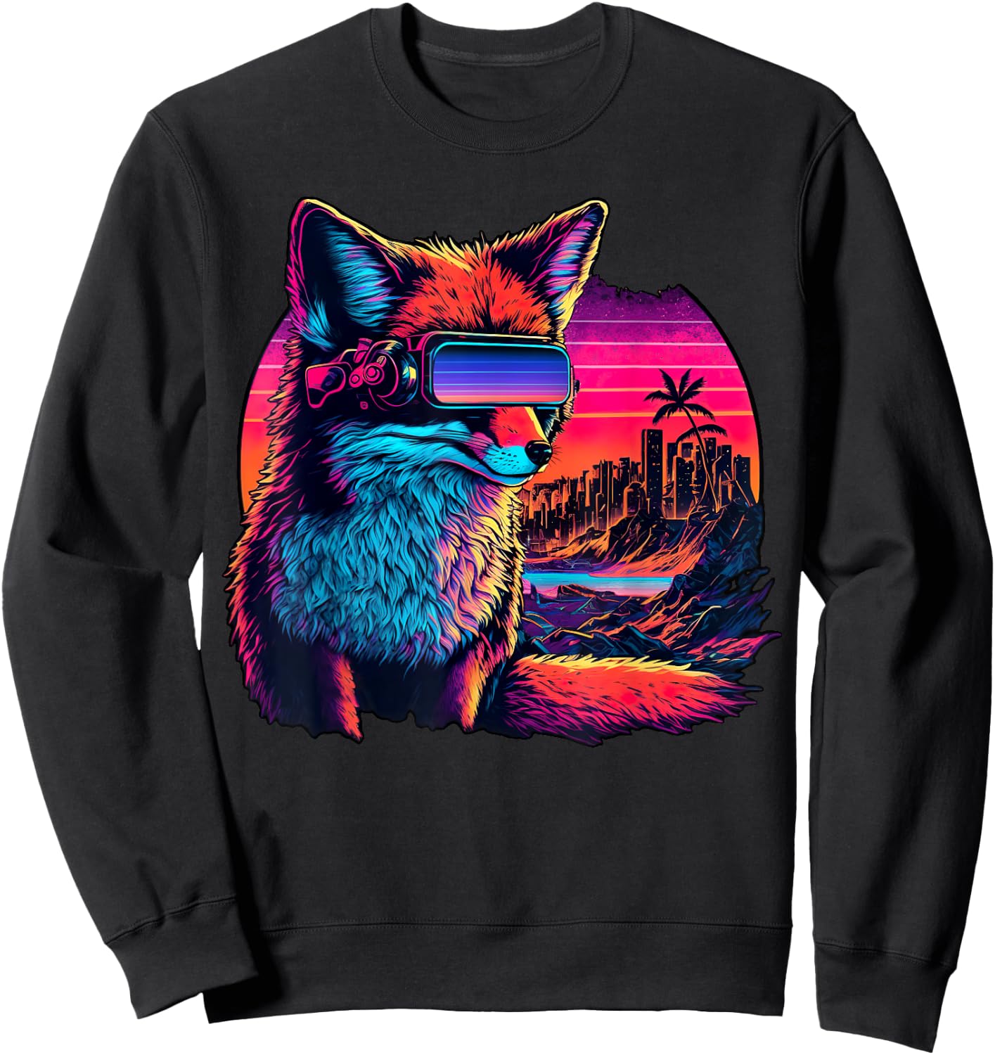 Synthwave Fox with Neon Sunset and Retro Futuristic Vibes Sweatshirt - Sweatshirt | Black