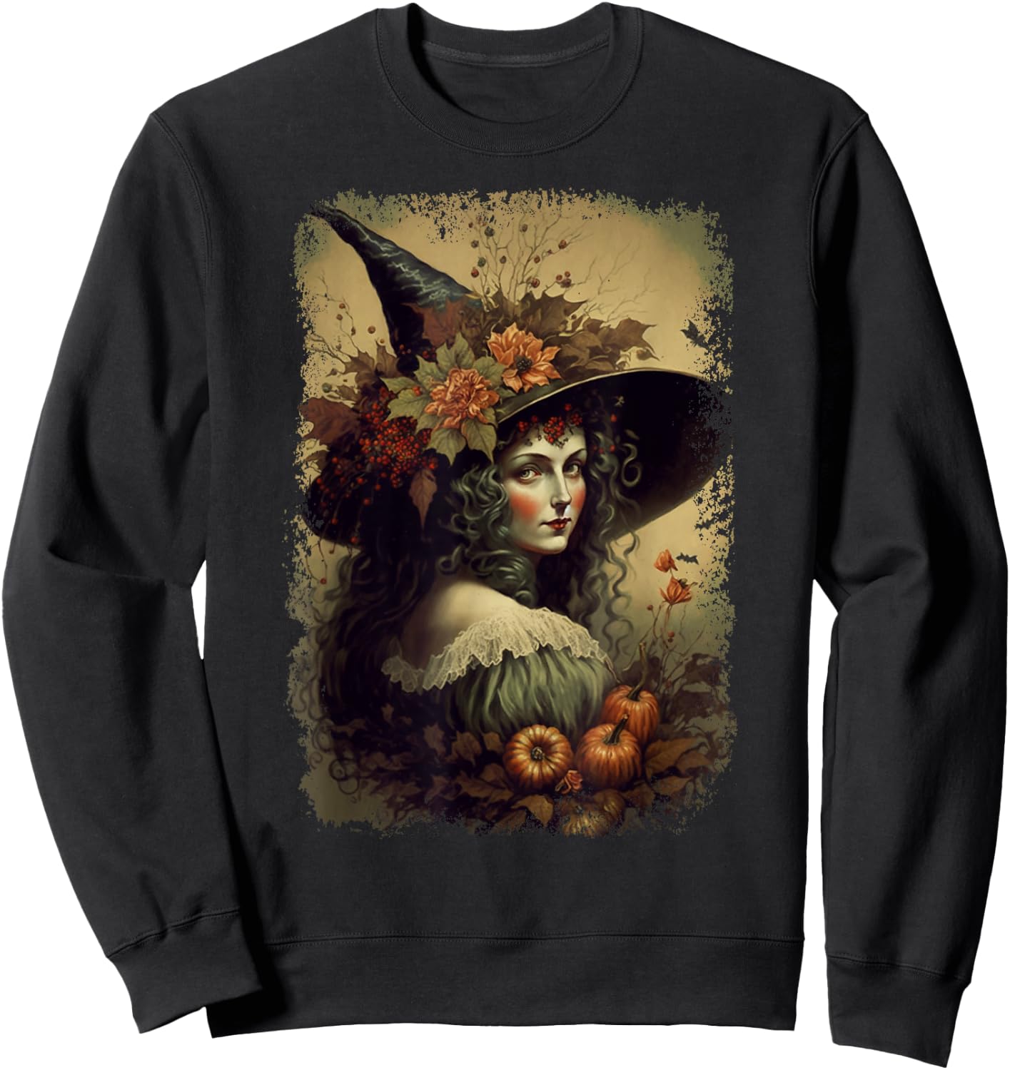 Vintage Nature Witch October Halloween Illustration Sweatshirt - Sweatshirt | Black
