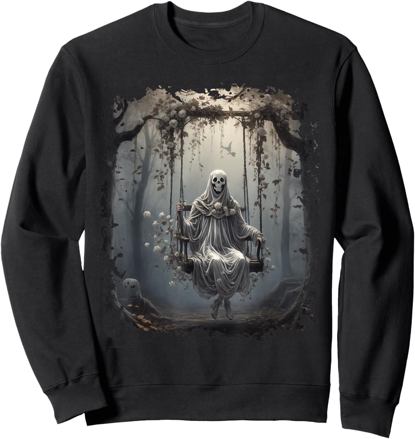 Vintage Floral Ghost On Swing In Forest Halloween Gothic Sweatshirt - Sweatshirt | Black