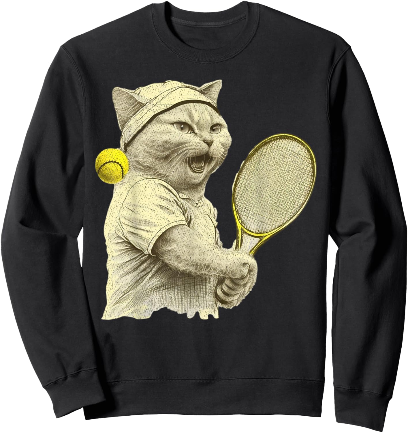 Vintage Cat Playing Tennis, Tennis Racquet, Kitties Lover Sweatshirt - Sweatshirt | Black
