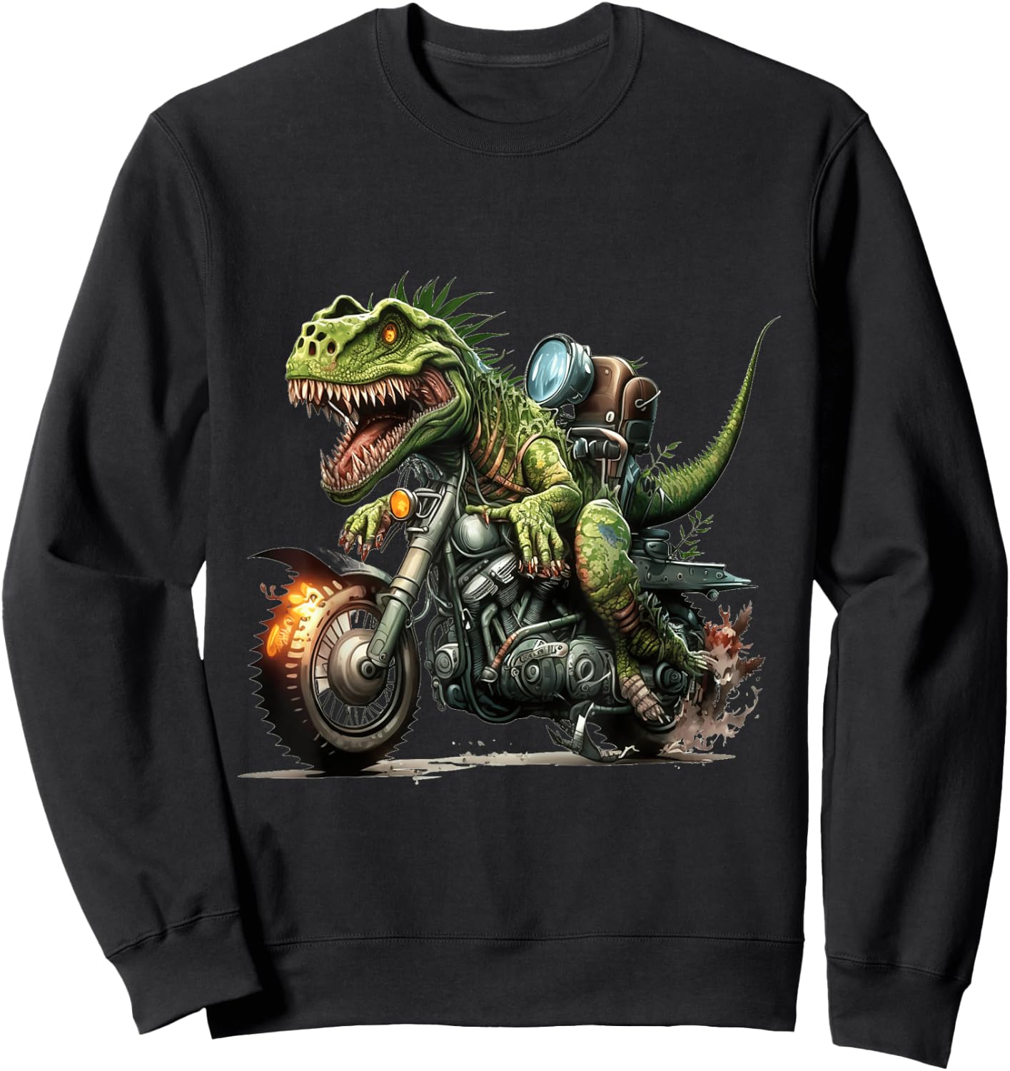 T-Rex Dinosaur Riding a Motorcycle with Flaming Tire Sweatshirt - Sweatshirt | Black