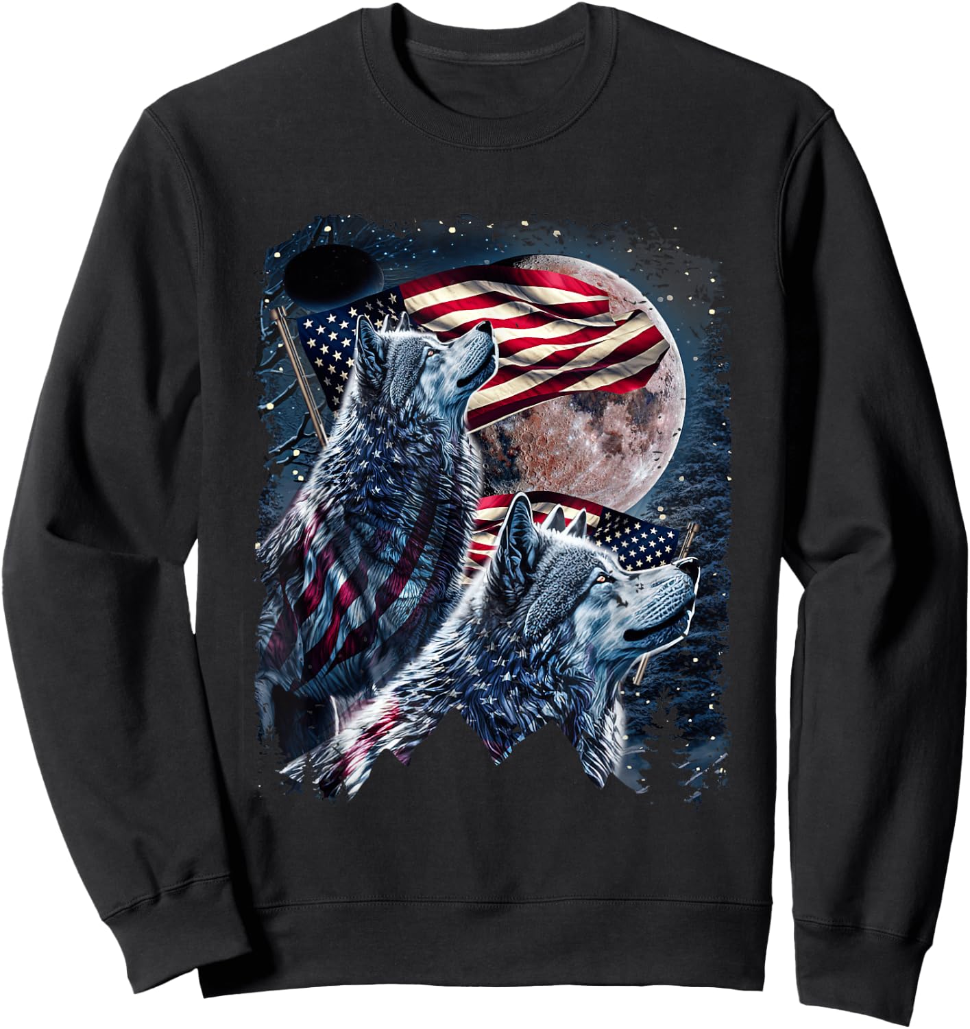 Wolf 4th of July American Flag Howling Wolves Under Moon Sweatshirt - Sweatshirt | Black