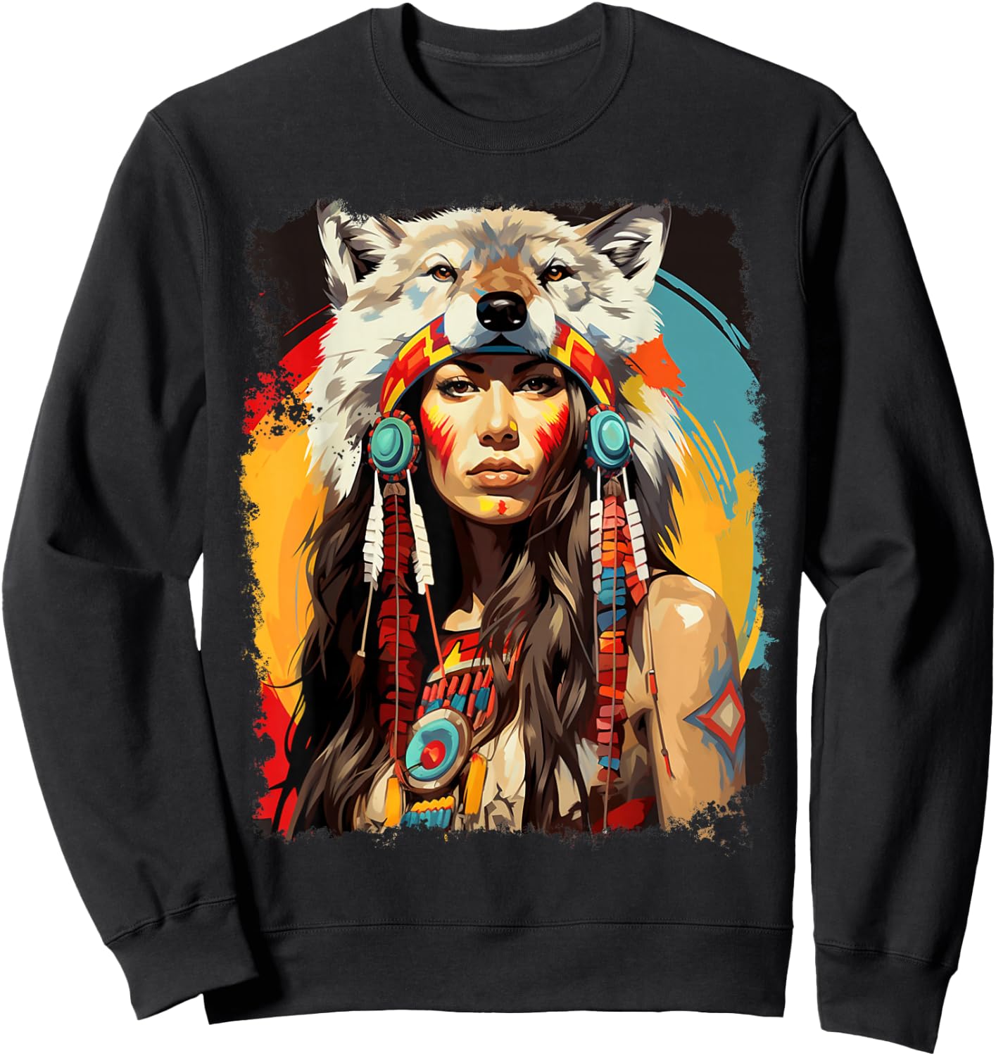Indigenous Wolfwear Beautiful Native American - -Adults, Black, Small, Short Sleeve, Classic Fit Sweatshirt - Sweatshirt | Black
