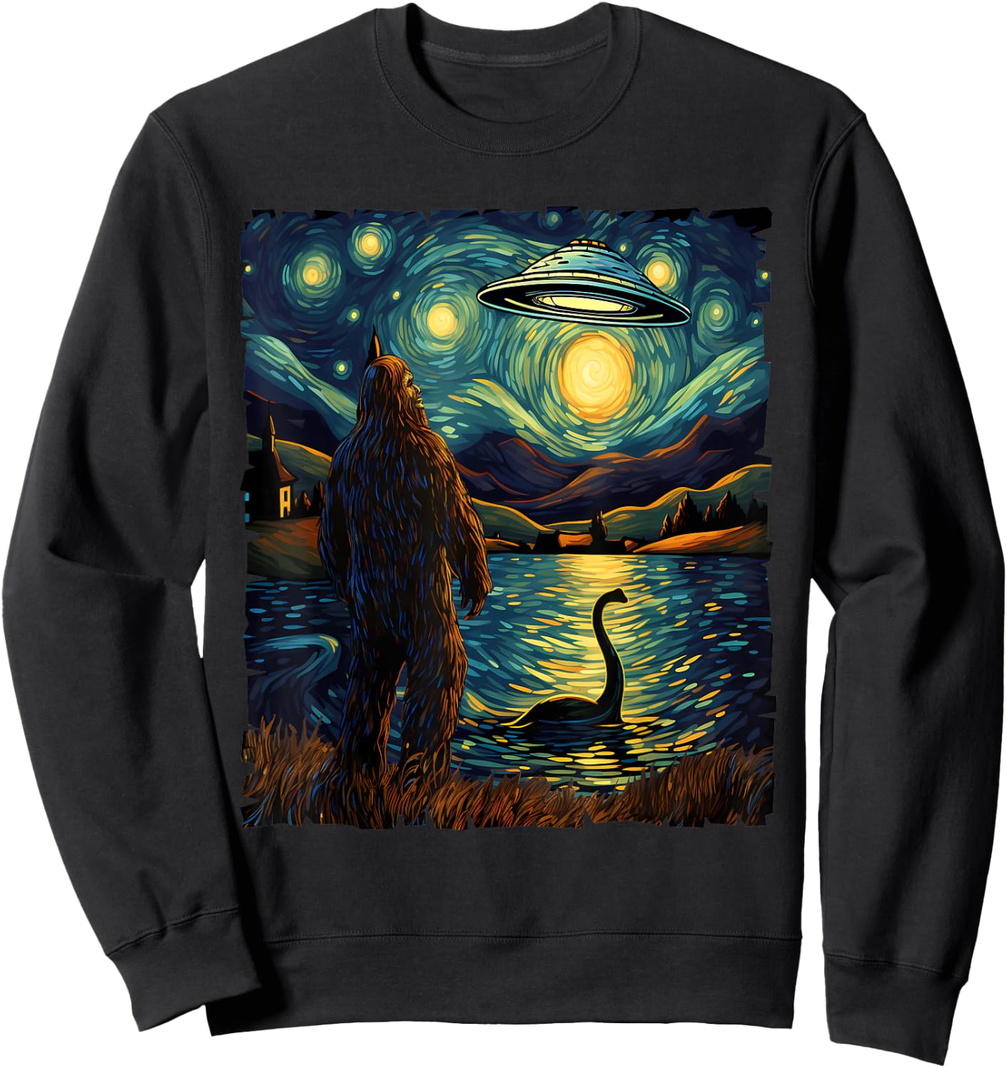 Funny Bigfoot UFO and Nessie Van Gogh Starry Night Painting Sweatshirt - Sweatshirt | Black
