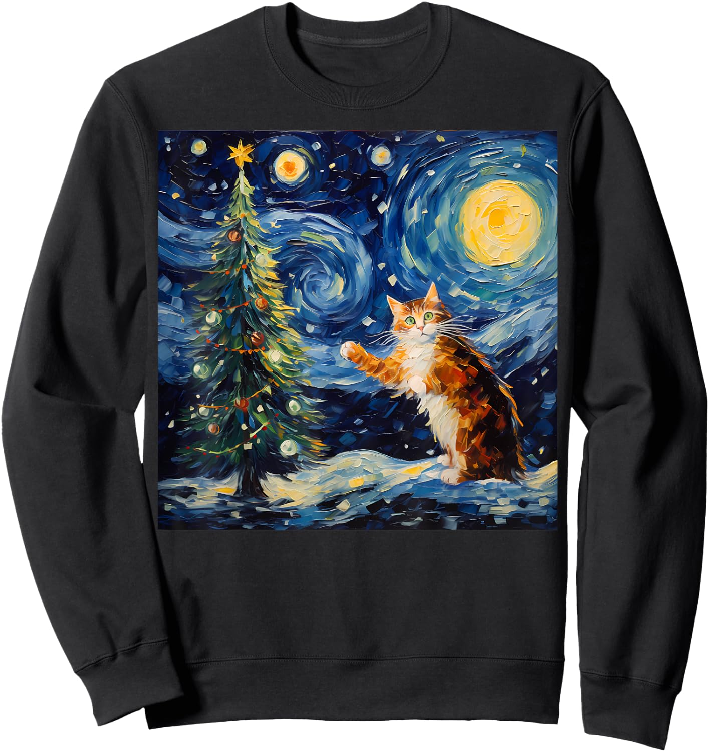 Funny Starry Night Christmas Kitty Kitten Xmas Tree Novelty Sweatshirt - Sweatshirt | Black