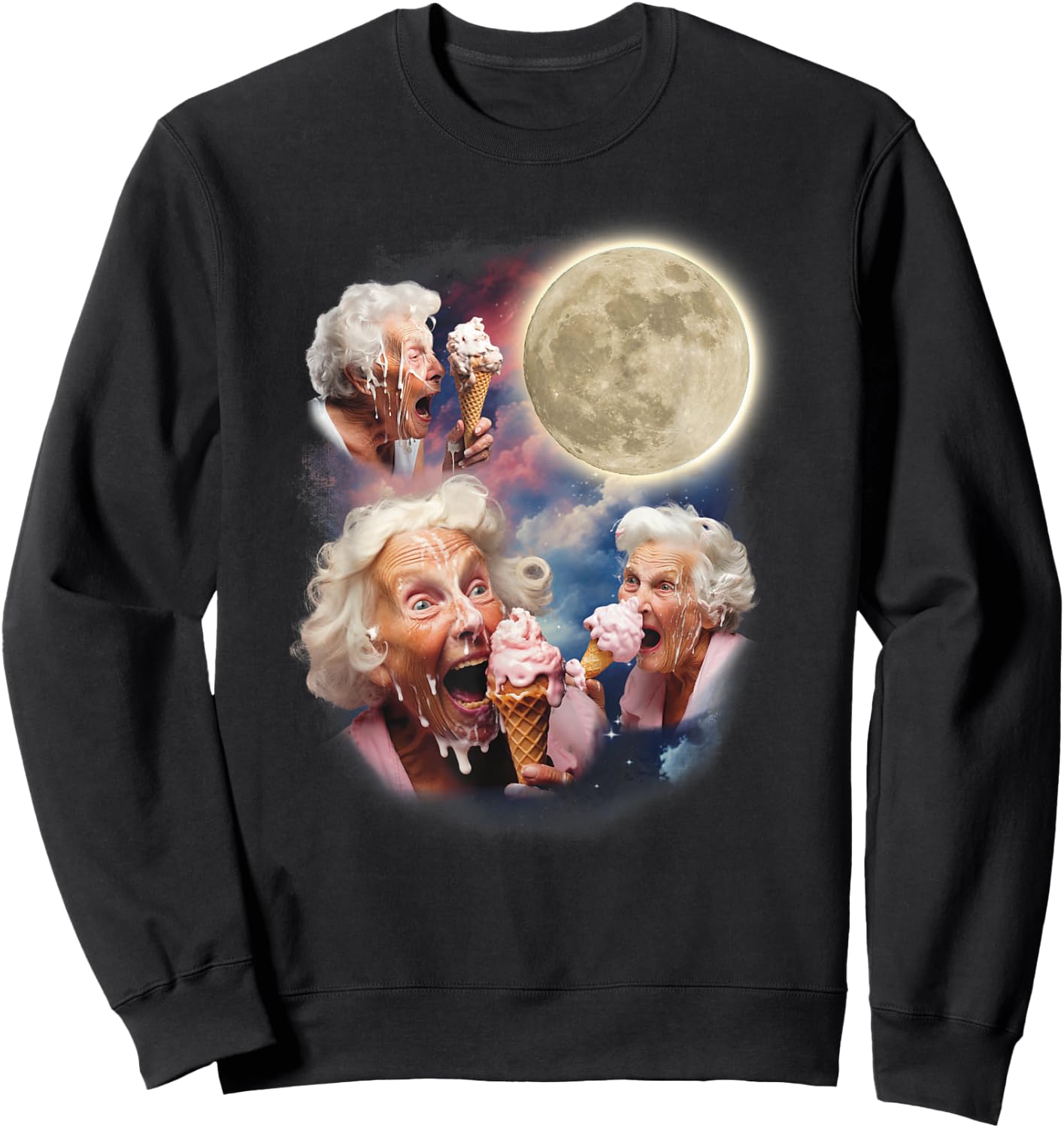 Three Granny Moon Old Ladies Licking Ice Cream Embarrassing Sweatshirt - Sweatshirt | Black