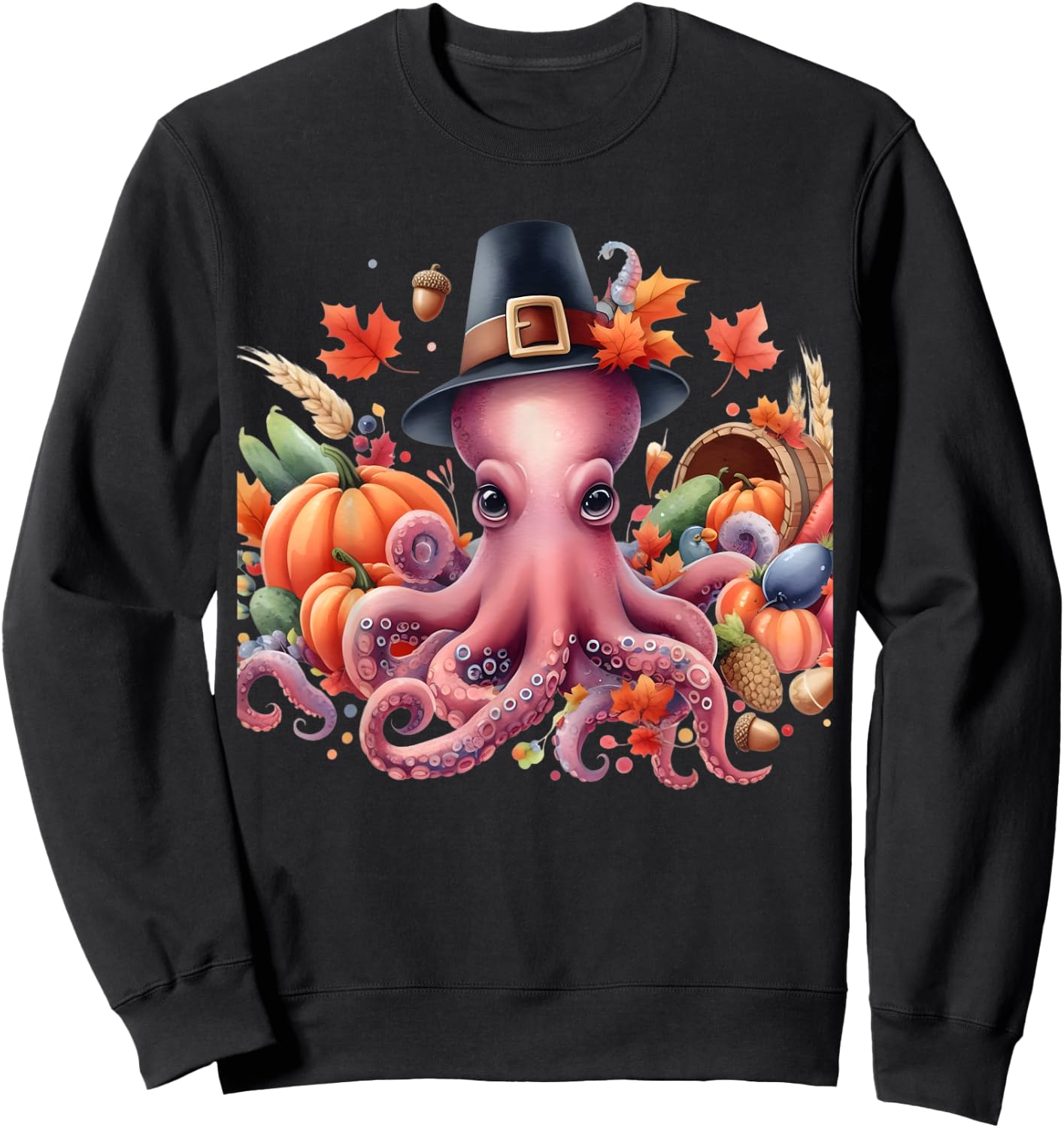 Fun and whimsical Thanksgiving Octo-Pilgrim - Octopus Sweatshirt - Sweatshirt | Black