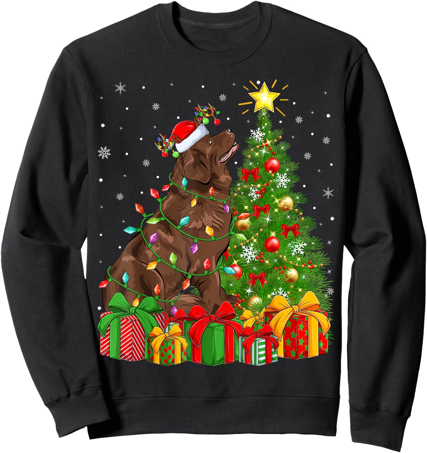 Xmas Tree Lighting Santa Newfoundland Dog Christmas Men Women Kids Sweatshirt - Sweatshirt | Black