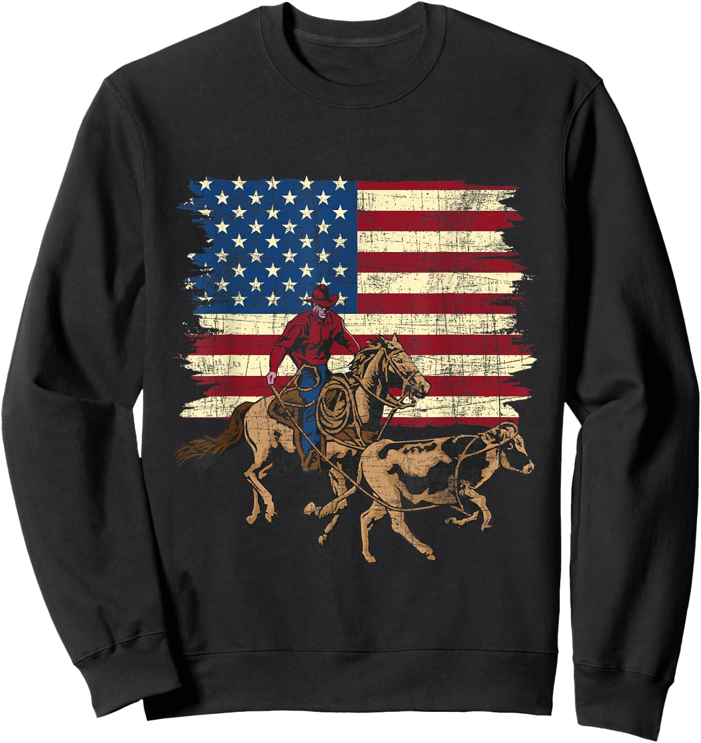 Team Roping - USA Flag Rodeo Equestrian Header Heeler Roper Sweatshirt - Sweatshirt | Black