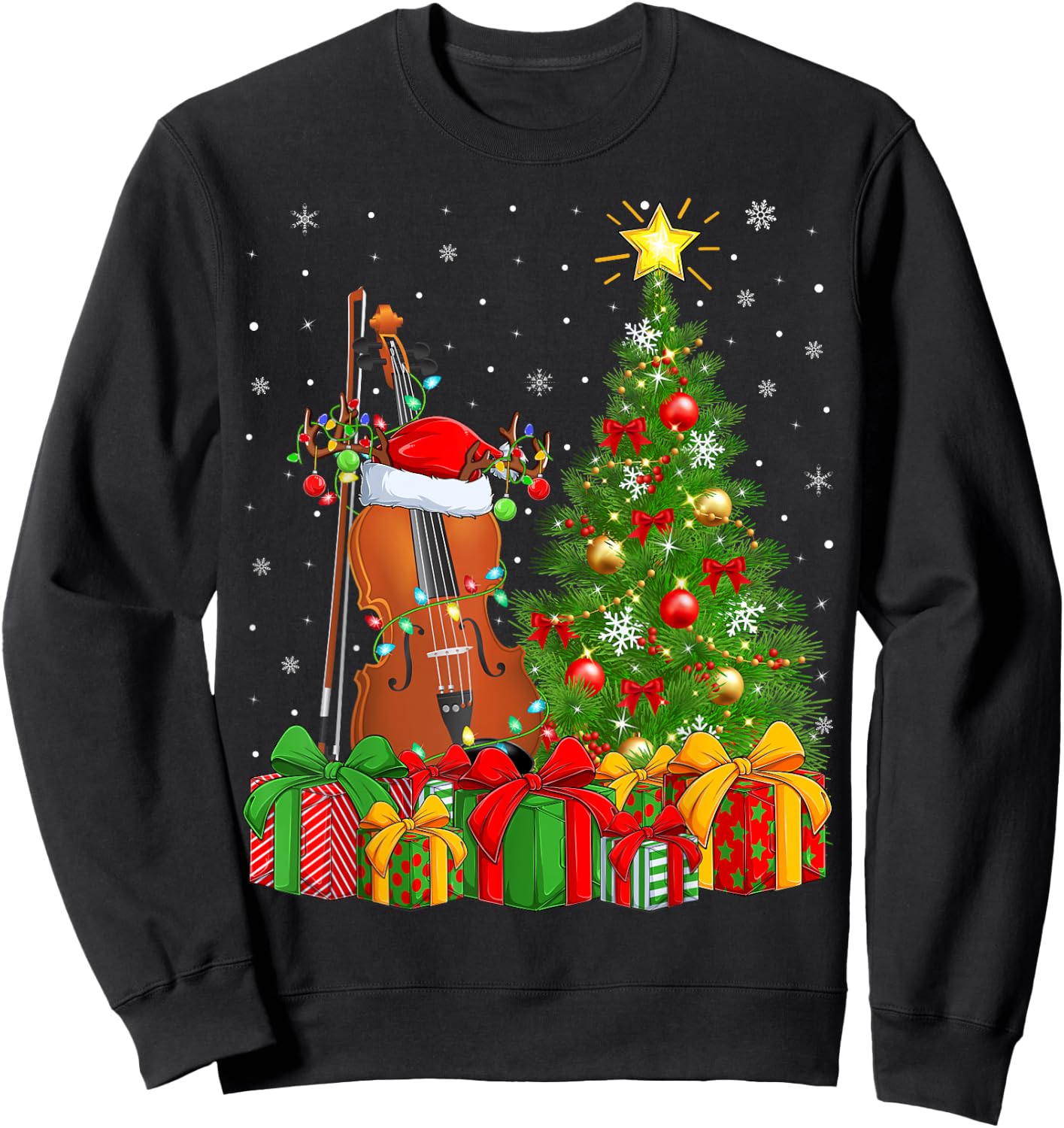 Musical Violin Xmas Tree Lighting Santa Violin Christmas Sweatshirt - Sweatshirt | Black