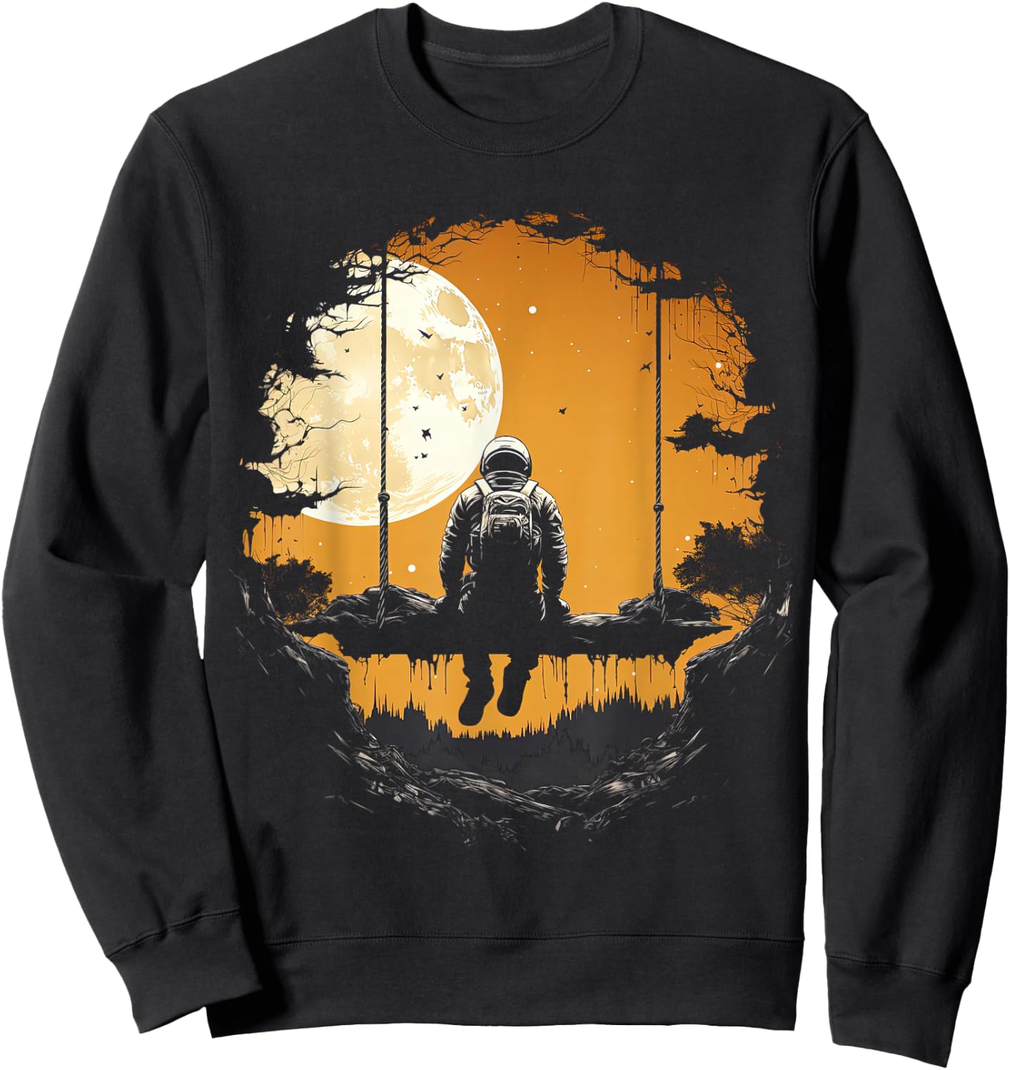 Astronaut Sitting on Swing in Space Stars and Moon Sweatshirt - Sweatshirt | Black