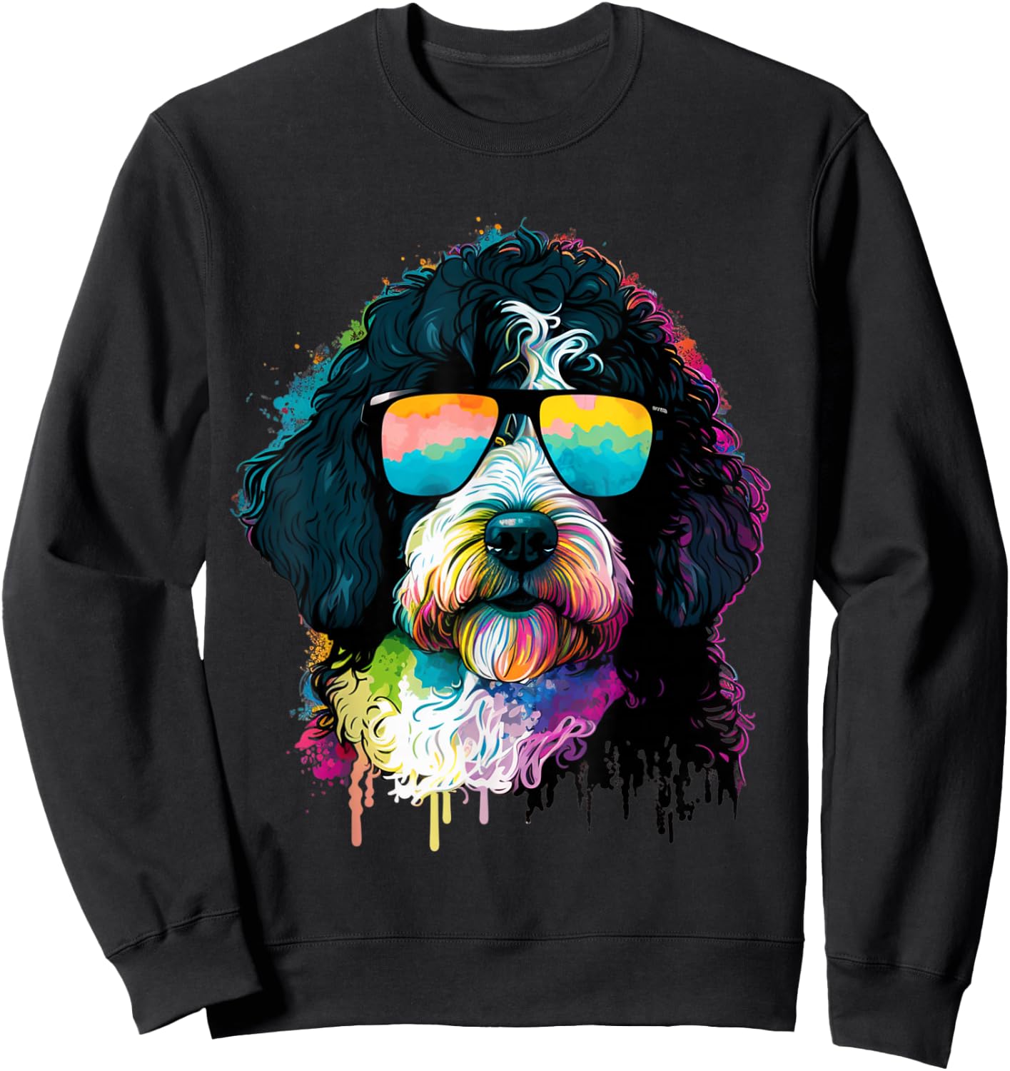 Cute Bernedoodle With Sunglasses Colorful Graphic Dog Lover Sweatshirt - Sweatshirt | Black