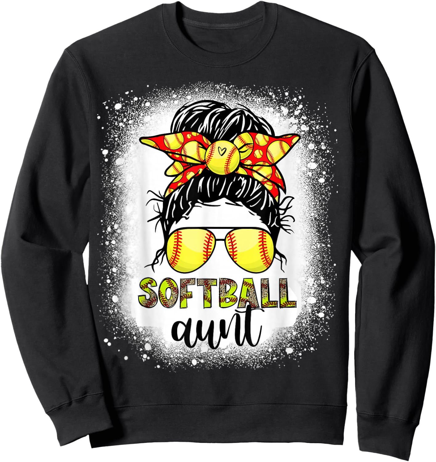 Softball Aunt Messy Bun Leopard Bleached Softball Auntie Sweatshirt - Sweatshirt | Black