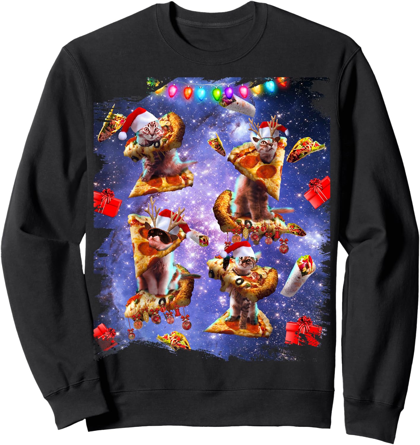 Space Pizza Cat, Christmas Cats, Funny Sweatshirt - Sweatshirt | Black