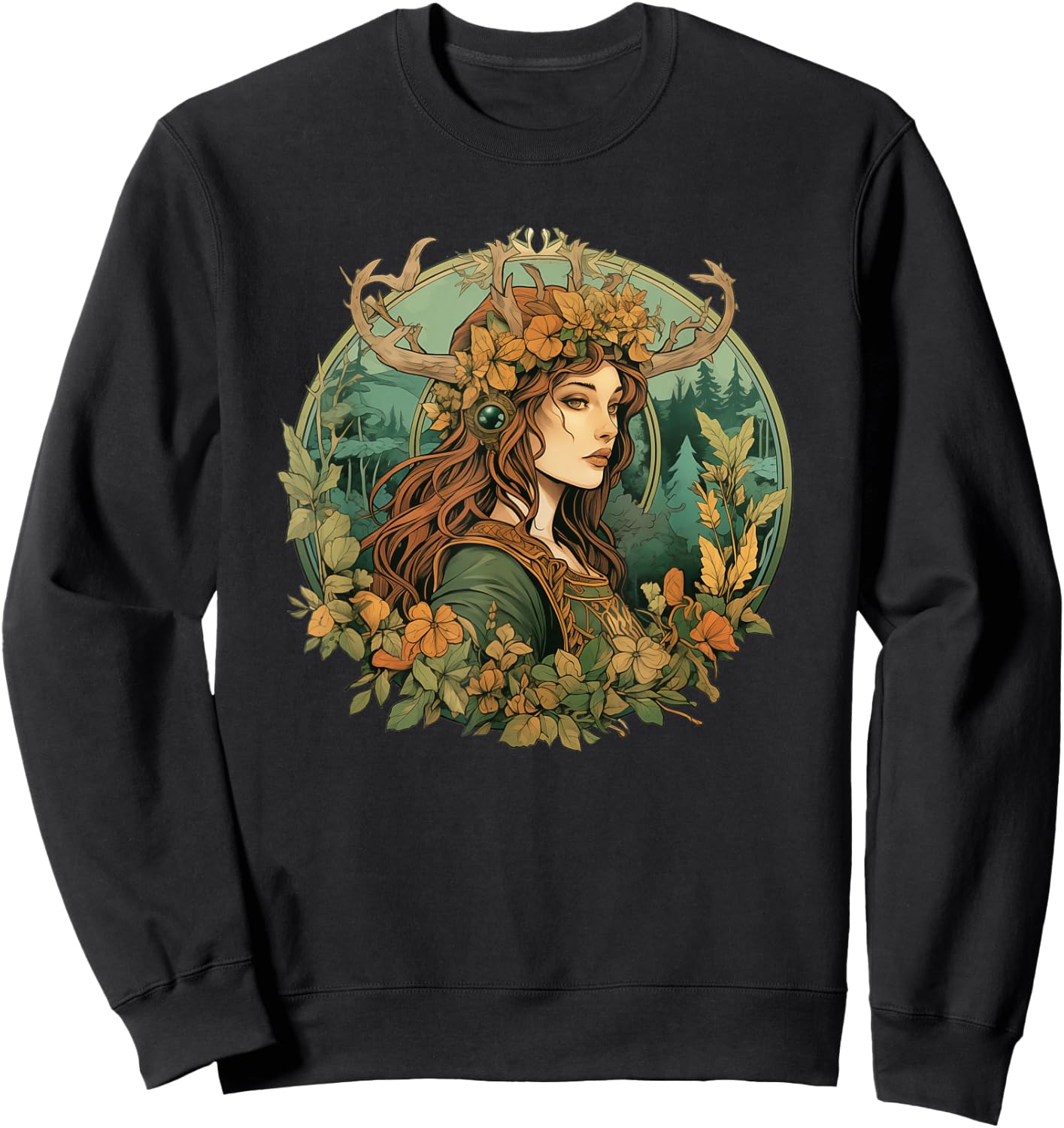 Art Nouveau Female Druid Adventurer Wanderer Nature Roleplay Sweatshirt - Sweatshirt | Black
